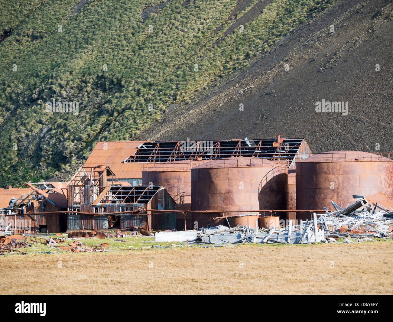 Rovine di Stromness Whaling Station in Georgia del Sud Antartide, Susantartica, Georgia del Sud, ottobre Foto Stock