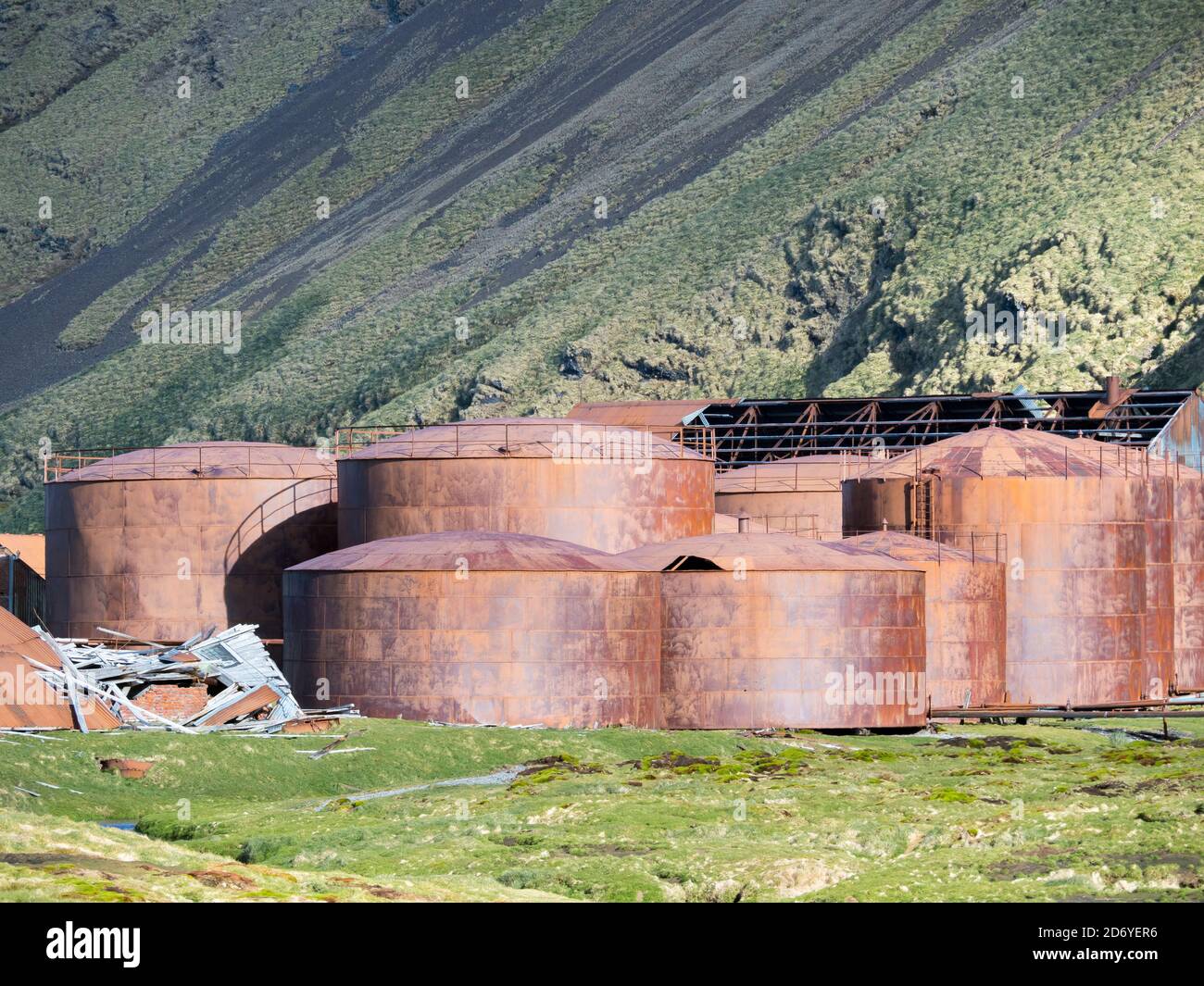 Rovine di Stromness Whaling Station in Georgia del Sud Antartide, Susantartica, Georgia del Sud, ottobre Foto Stock