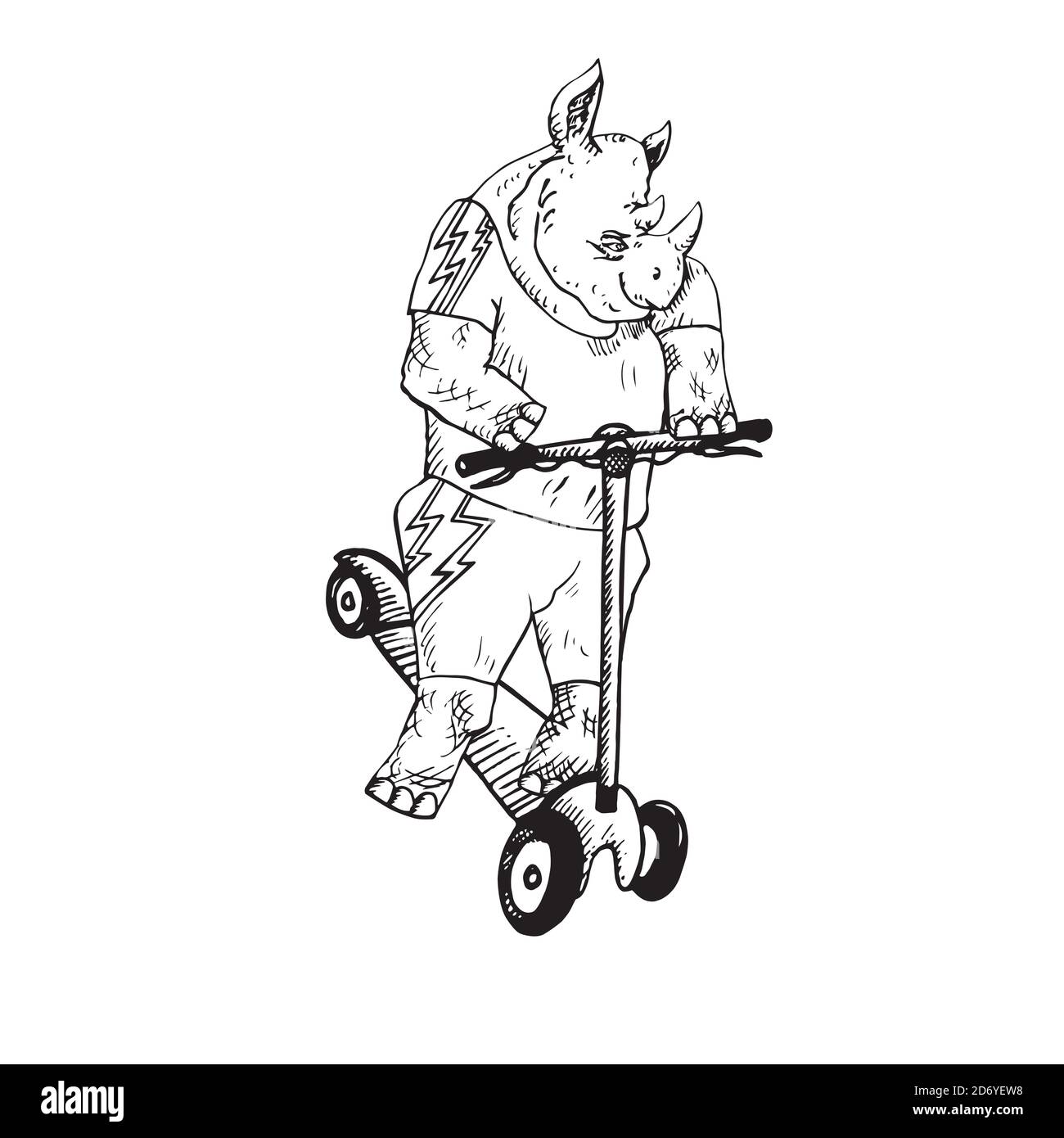 Rhino personaggio in abbigliamento elegante su scooter da calcio, doodle disegnate a mano, schizzo, illustrazione del contorno in bianco e nero Foto Stock