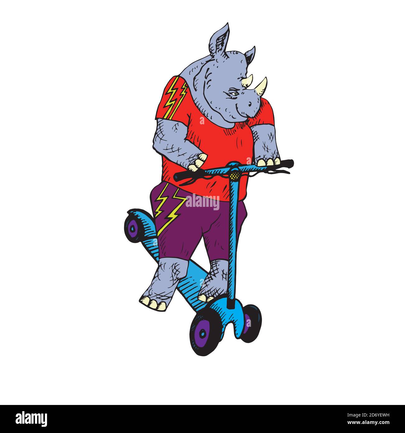 Rhino personaggio in abbigliamento brillante fantasia su scooter calcio blu, doodle disegnati a mano, schizzo, illustrazione a colori Foto Stock