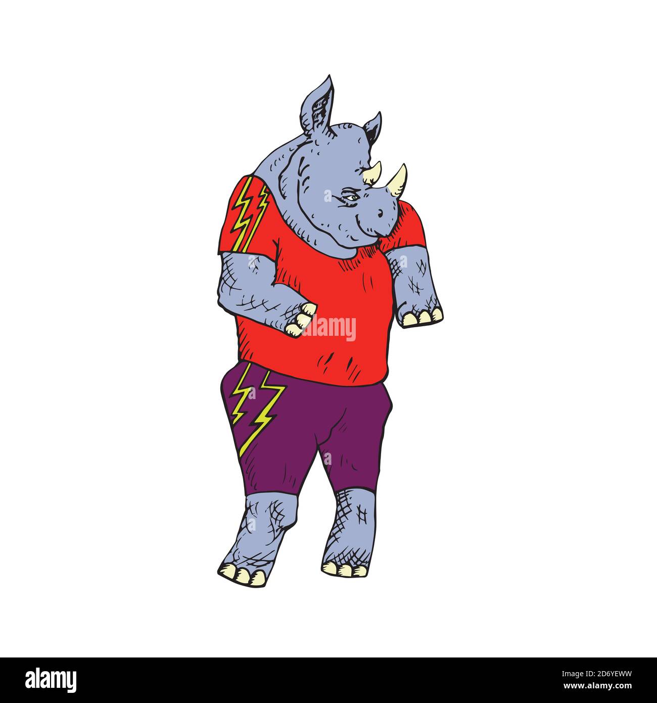 Rhino personaggio in abbigliamento brillante fantasia, doodle disegnati a mano, schizzo, illustrazione a colori Foto Stock