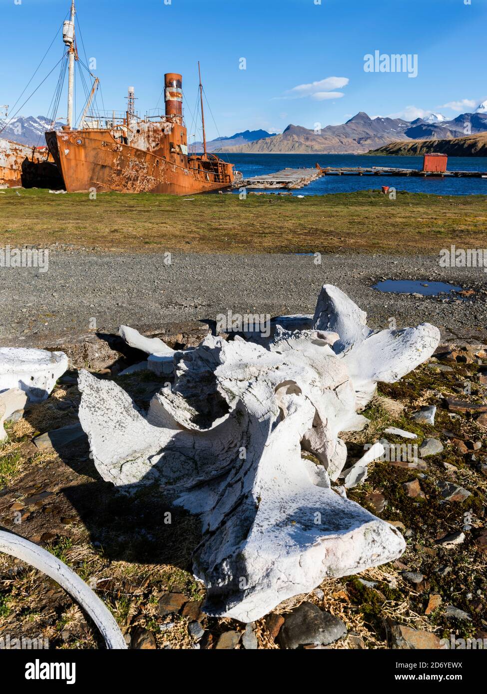 Stazione di balene di Grytviken nella Georgia del Sud. Grytviken è aperta ai visitatori, ma la maggior parte delle pareti e dei tetti della fabbrica sono stati demoliti per la sicurezza rea Foto Stock