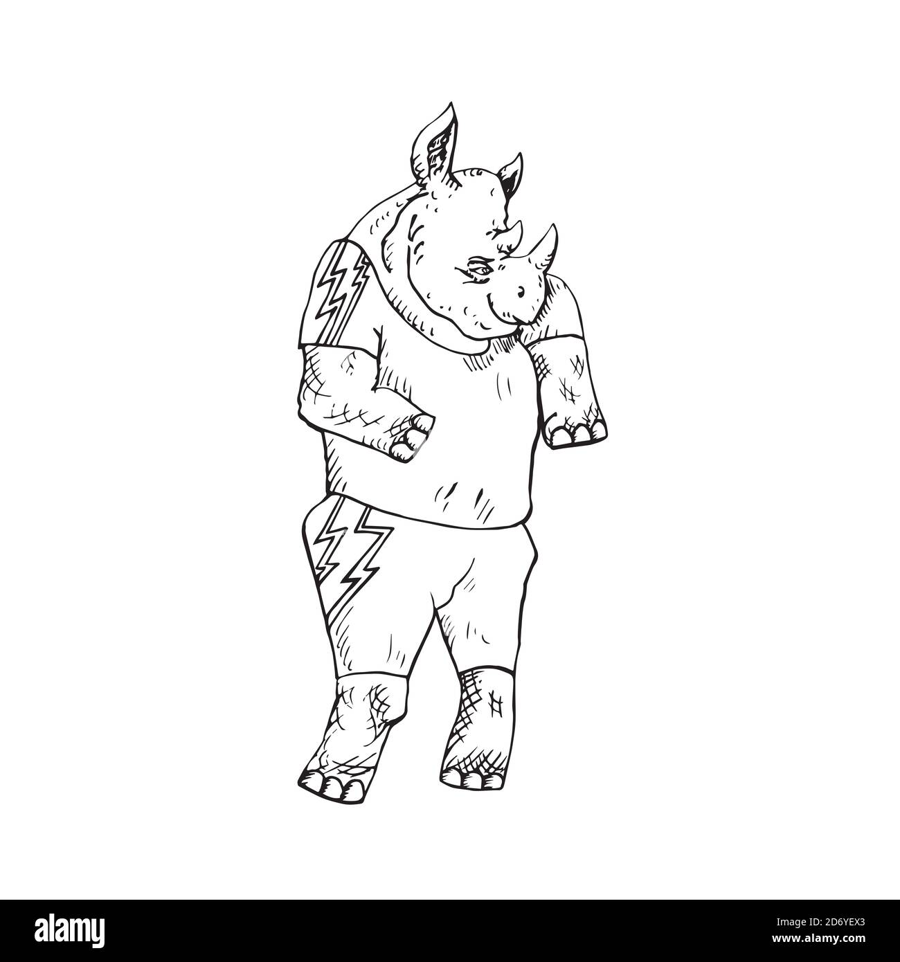 Rhino personaggio in abbigliamento elegante, doodle disegnati a mano, schizzo, illustrazione in bianco e nero del contorno Foto Stock