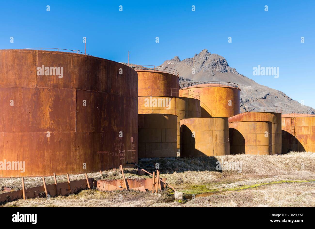 Serbatoi per olio di balena. Stazione di balene di Grytviken nella Georgia del Sud. Grytviken è aperto ai visitatori, ma la maggior parte delle pareti e dei tetti della fabbrica sono stati dem Foto Stock