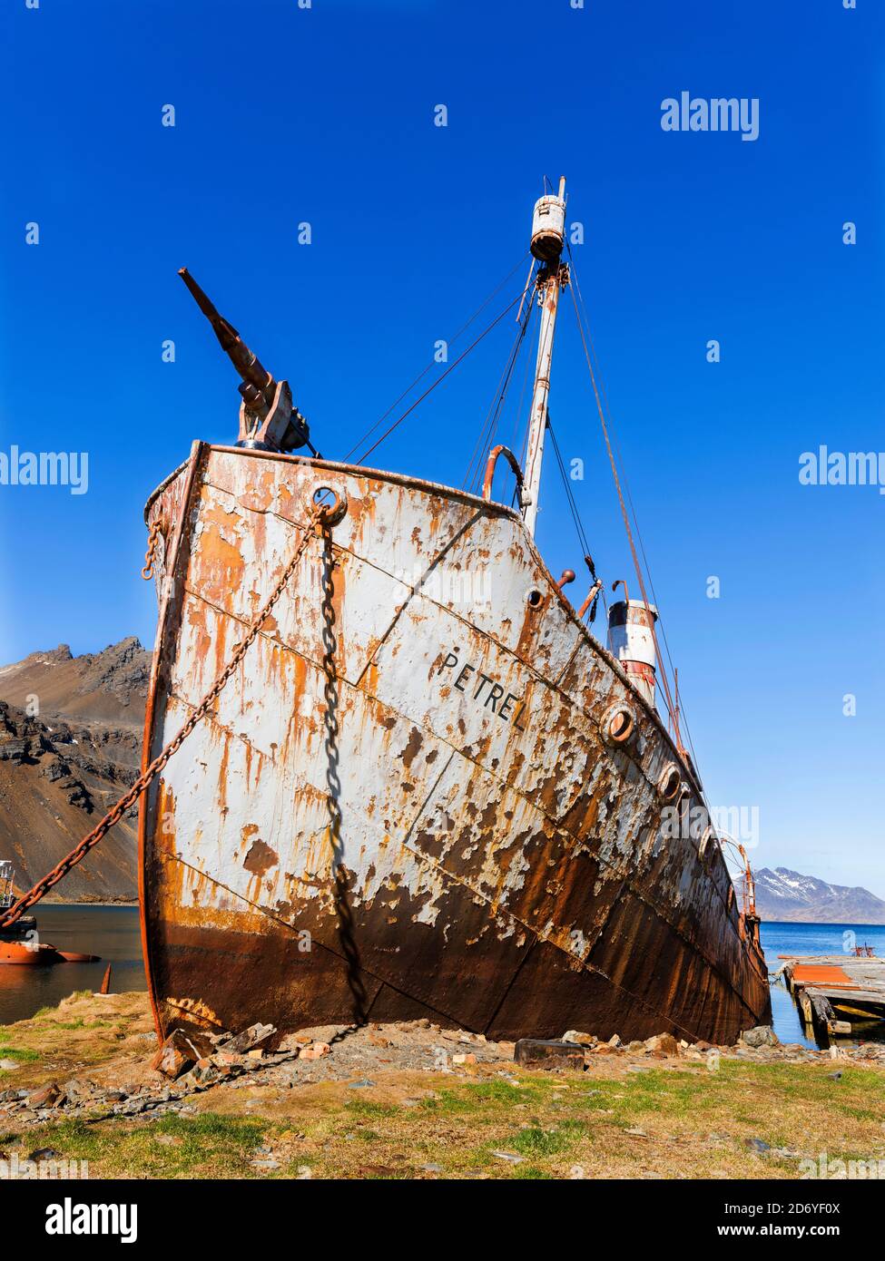 Il Petrel un catcher di balene. Stazione di balene di Grytviken nella Georgia del Sud. Grytviken è aperto ai visitatori, ma la maggior parte delle pareti e tetti della fabbrica lo sono Foto Stock