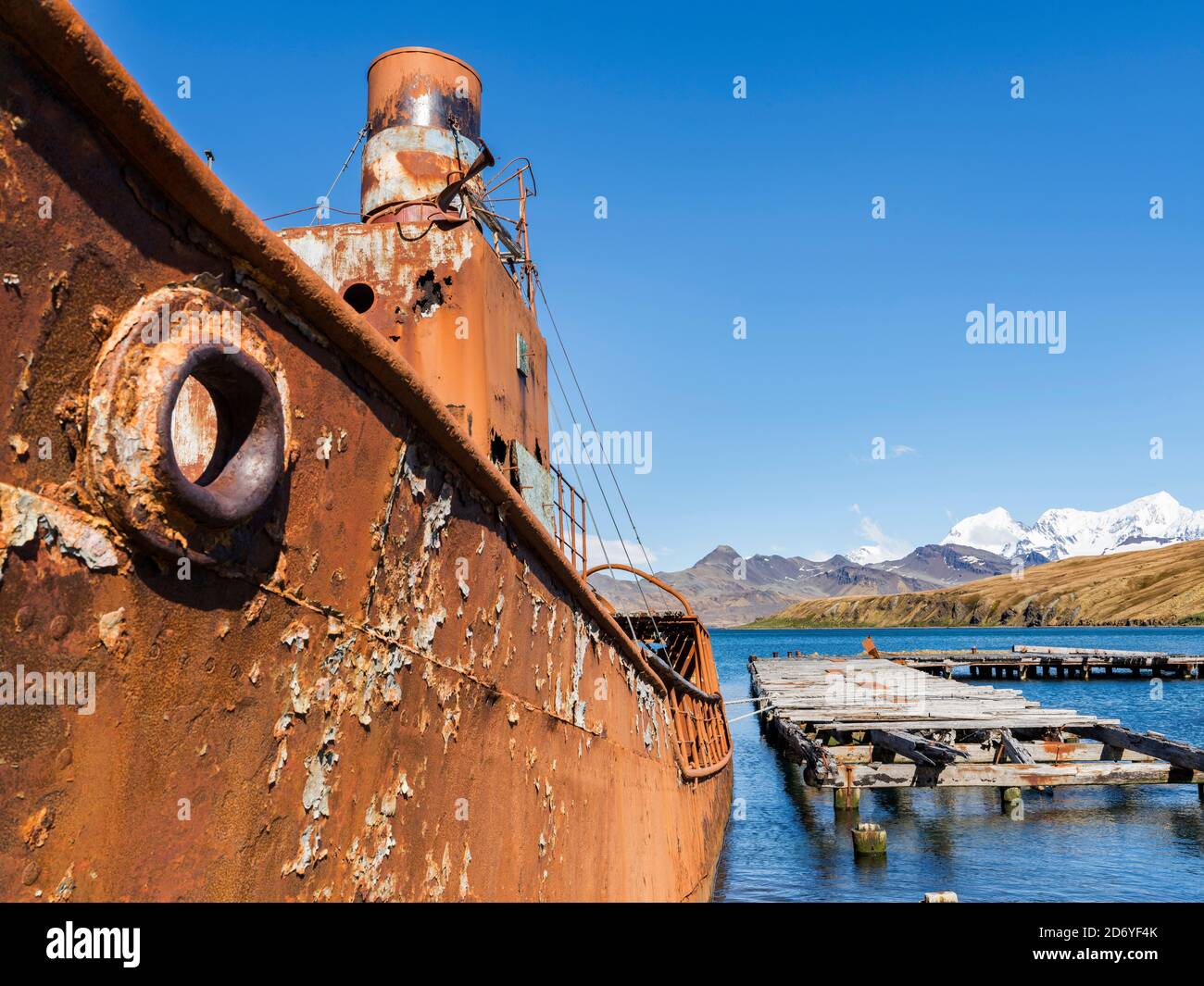 Relitto dei Dias a Grytviken. Stazione di balene di Grytviken nella Georgia del Sud. Grytviken è aperto ai visitatori, ma la maggior parte delle pareti e tetti della fabbrica ha Foto Stock