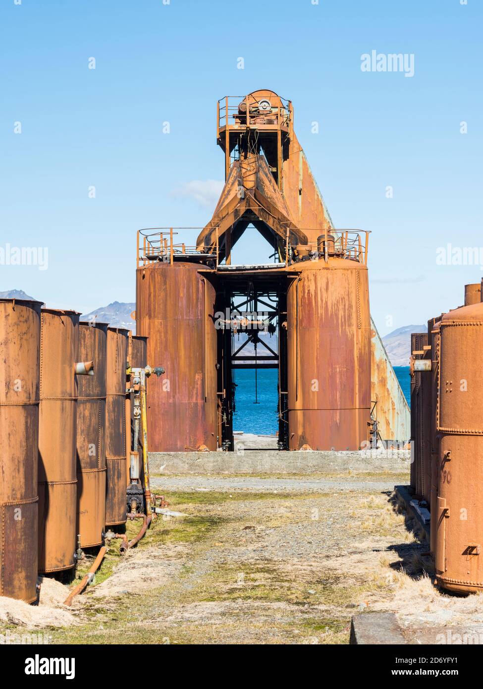 L'ex biscotto di Blobber. Stazione di balene di Grytviken nella Georgia del Sud. Grytviken è aperto ai visitatori, ma la maggior parte delle pareti e tetti della fabbrica hanno b Foto Stock