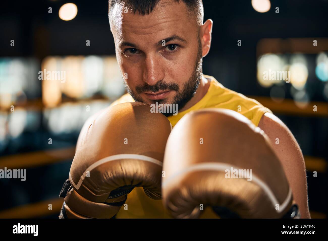 Campione di pugilato alzando i pugni e prendendo una posizione di combattimento Foto Stock