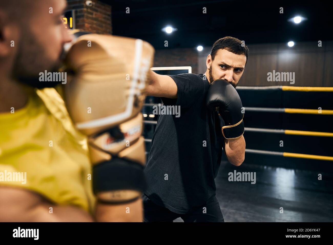 Combattente attento che fa un pugno duro ai denti avversari Foto Stock