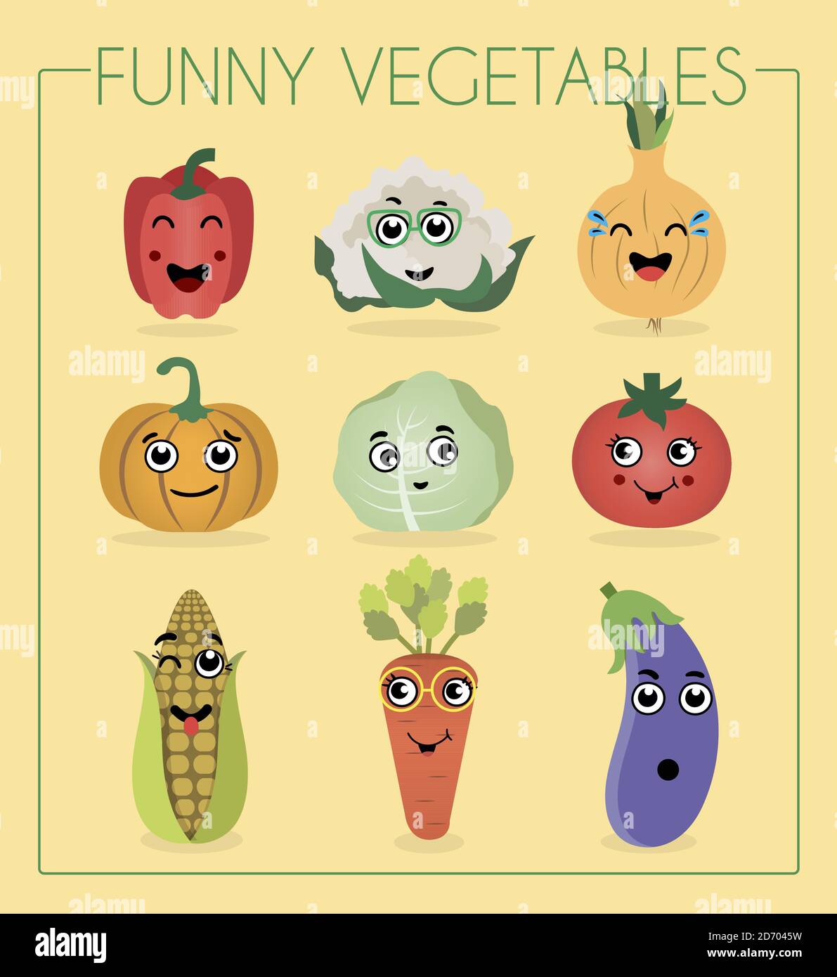 Amo le verdure. Divertente personaggio cartoon. Illustrazione vettoriale. Un set di verdure piatte e frutta con facce di cartone animato. Personaggi divertenti dal cibo. Emozioni diverse risate, imbarazzo, sorpresa su cocomero, pera, pepe, zucca, cavolo, pomodoro, mais, carote e melanzane. Illustrazione Vettoriale