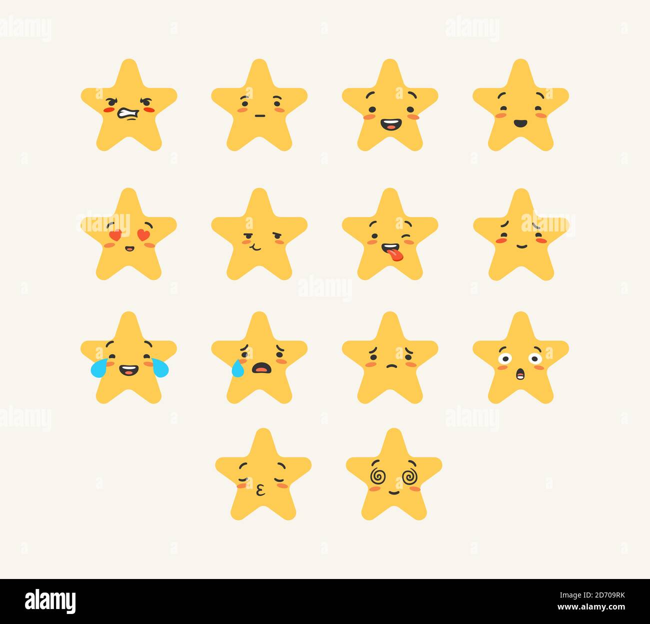 Punteggio emoji Cartoon star. Impostare le emozioni dei personaggi stelle con l'espressione dei volti gioiosi e tristi. Illustrazione Vettoriale