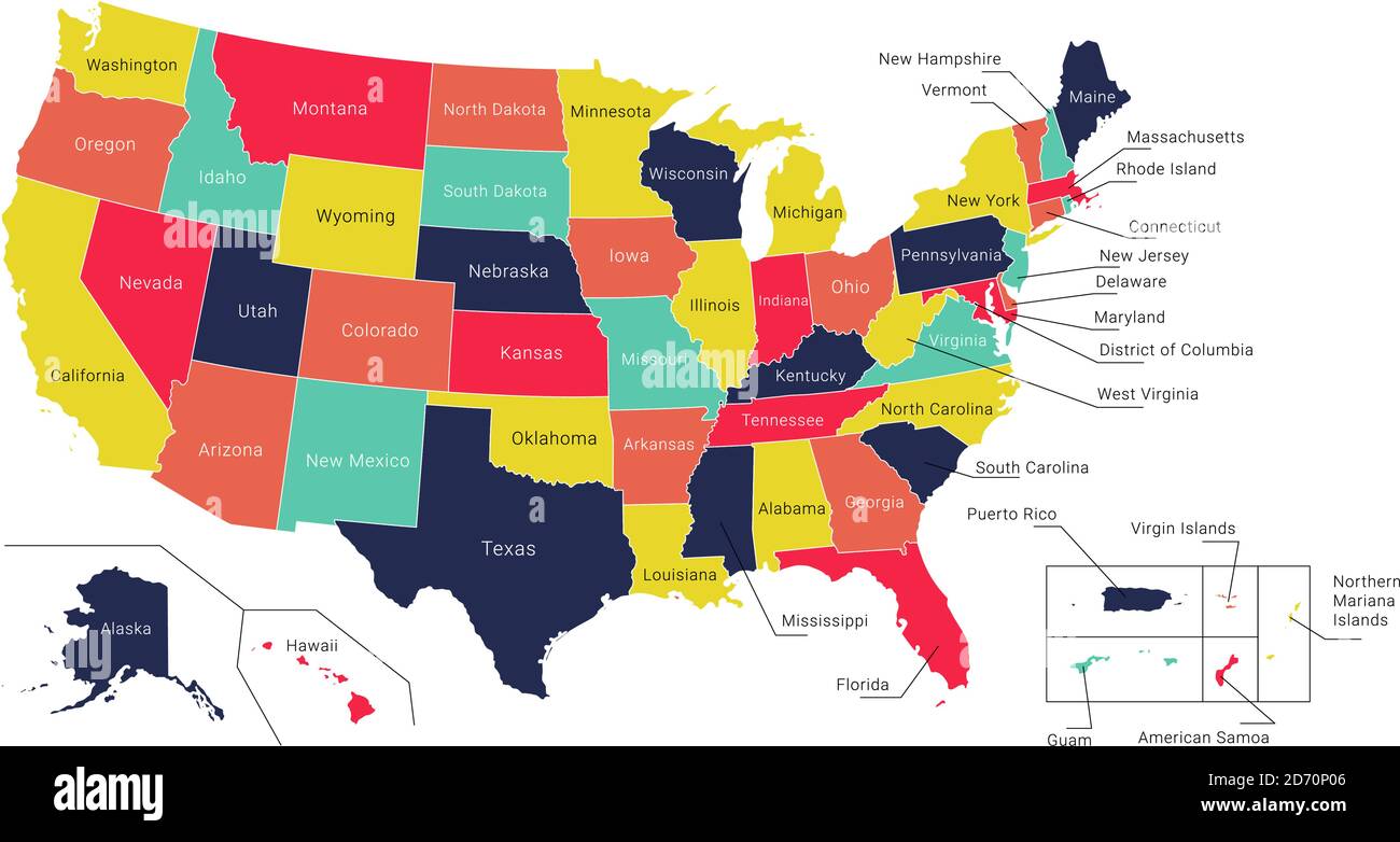 Mappa dell'America. Mappa politica degli Stati Uniti. Il modello STATUNITENSE con i titoli degli stati e delle regioni. Tutti i paesi sono denominati nel pannello livello Illustrazione Vettoriale