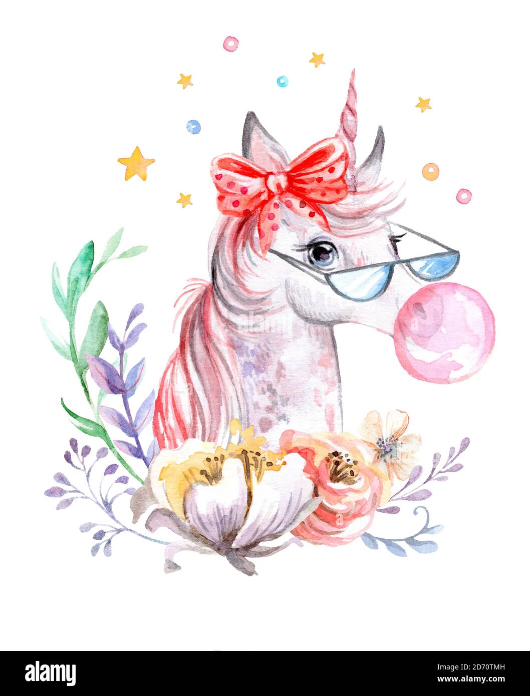 Unicorno acquerello con gomma da bolle e fiori bellissimi Foto Stock