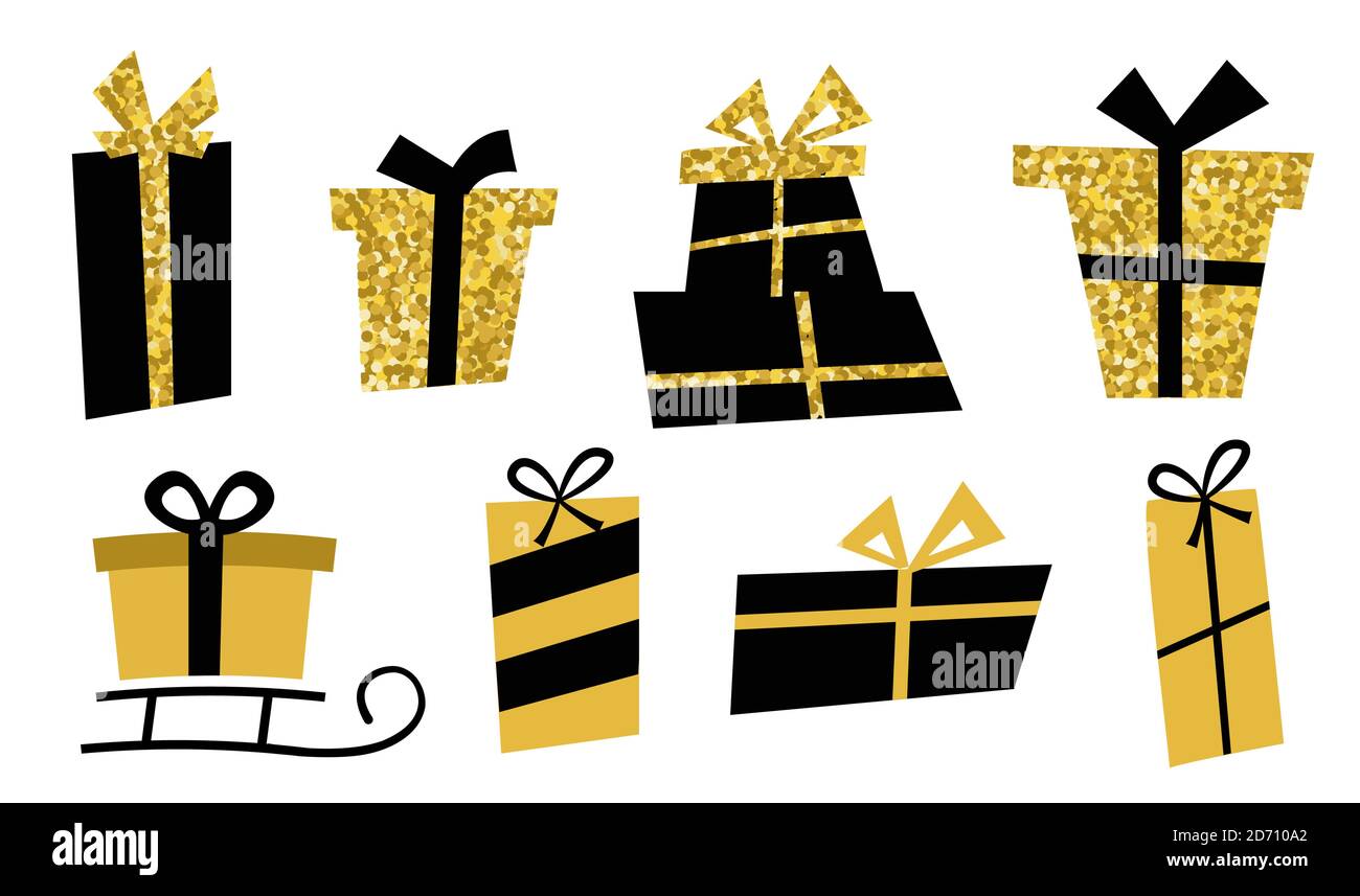 Confezione regalo grande set dorato. Icone regalo in stile piatto, possono essere utilizzate per le carte per Natale o compleanno. Illustrazione Vettoriale