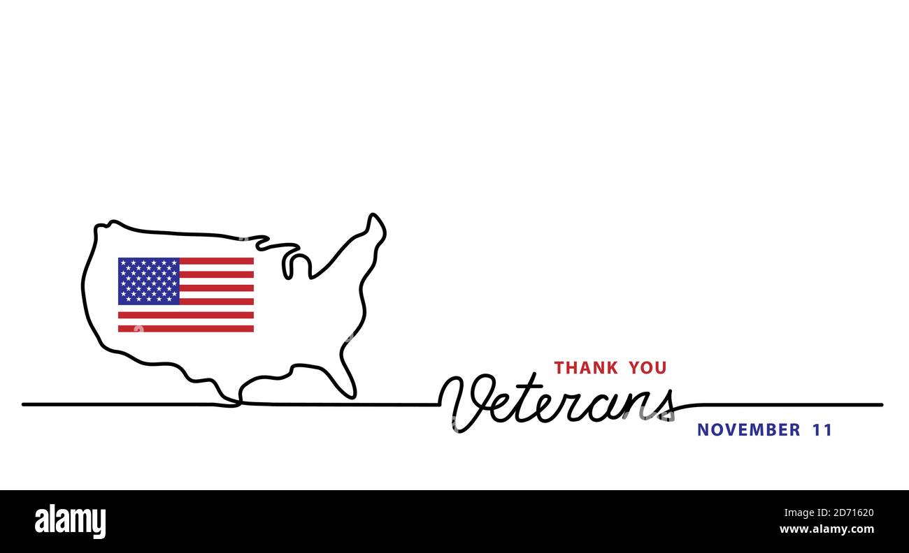 Grazie veterani semplice vettore banner, poster, sfondo con bandiera e mappa degli stati uniti. Illustrazione grafica a riga singola con scritte veterani Illustrazione Vettoriale