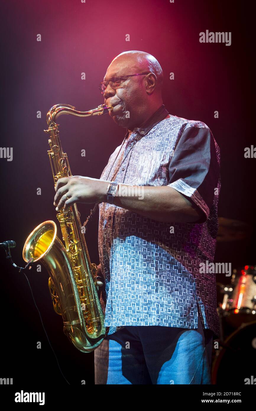 Manu Dibango si esibisce al festival Womad, a Charlton Park, Wiltshire. Foto Stock