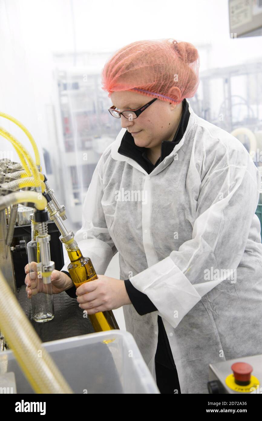 L'olio di colza viene imbottigliato a mano nella Waitrose Leckford Estate dell'Hampshire. Oltre 500 tonnellate di olio di colza di Leckford vengono prodotte ogni anno nell'azienda, ed è interamente coltivato, pressato e imbottigliato in loco. Data immagine: Giovedì 6 aprile 2017. Il credito fotografico dovrebbe essere: Matt Crossick/Empics Entertainment. La Leckford Estate è una fattoria attiva di 4000 acri, di proprietà e gestita da Waitrose, e produce per i loro negozi nel Regno Unito e per l'esportazione in 56 paesi. Foto Stock