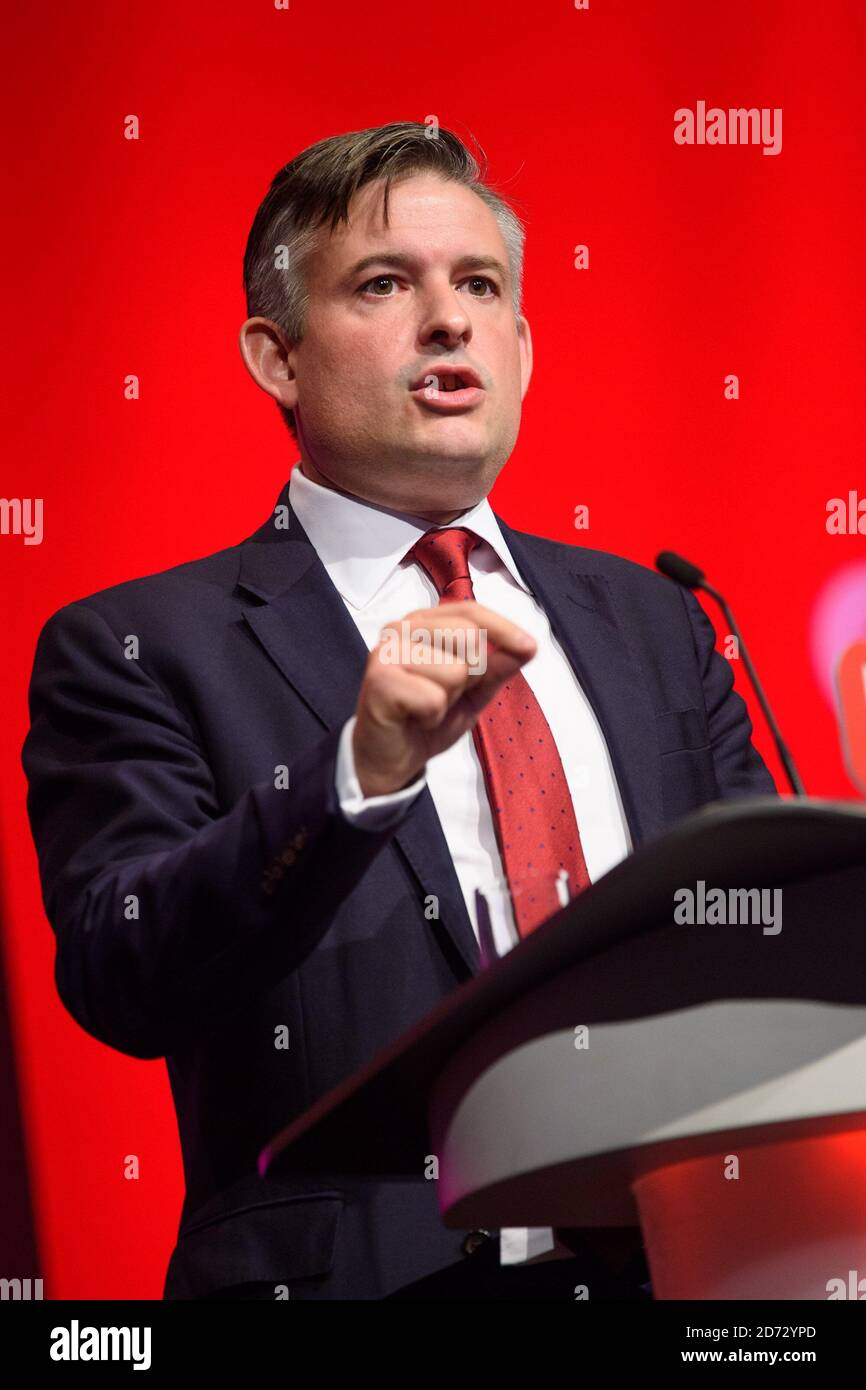 Il Segretario di Stato ombra per la Salute e l'assistenza sociale, Jon Ashworth, parla durante la conferenza annuale del Partito laburista all'Arena and Convention Centre (ACC), a Liverpool. Data immagine: Mercoledì 26 settembre 2018. Il credito fotografico dovrebbe essere: Matt Crossick/ EMPICS Entertainment. Foto Stock