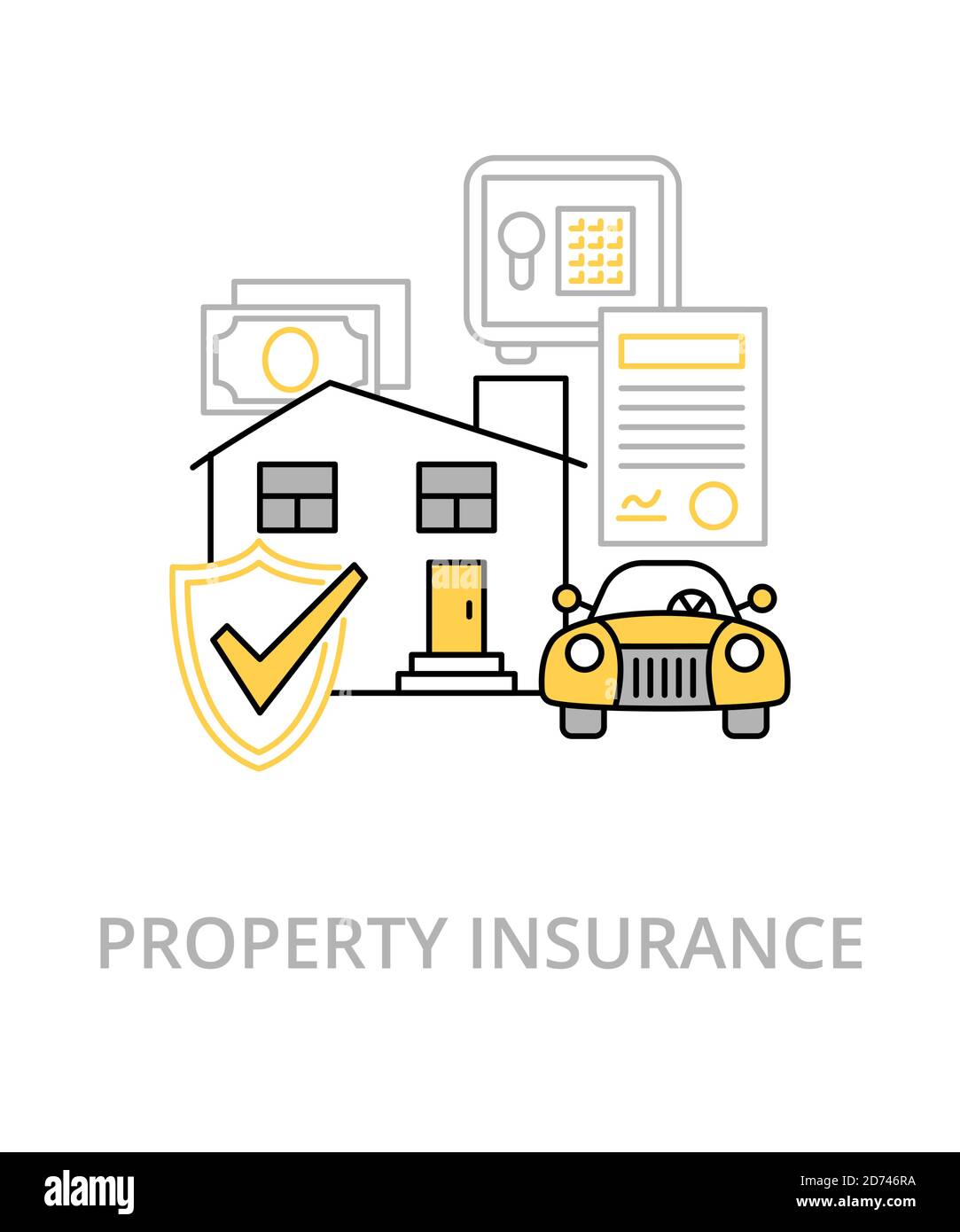 Illustrazione della linea piatta della proprietà nello stile di tendenza. Icona e concetto vettoriale complesso Illustrazione Vettoriale