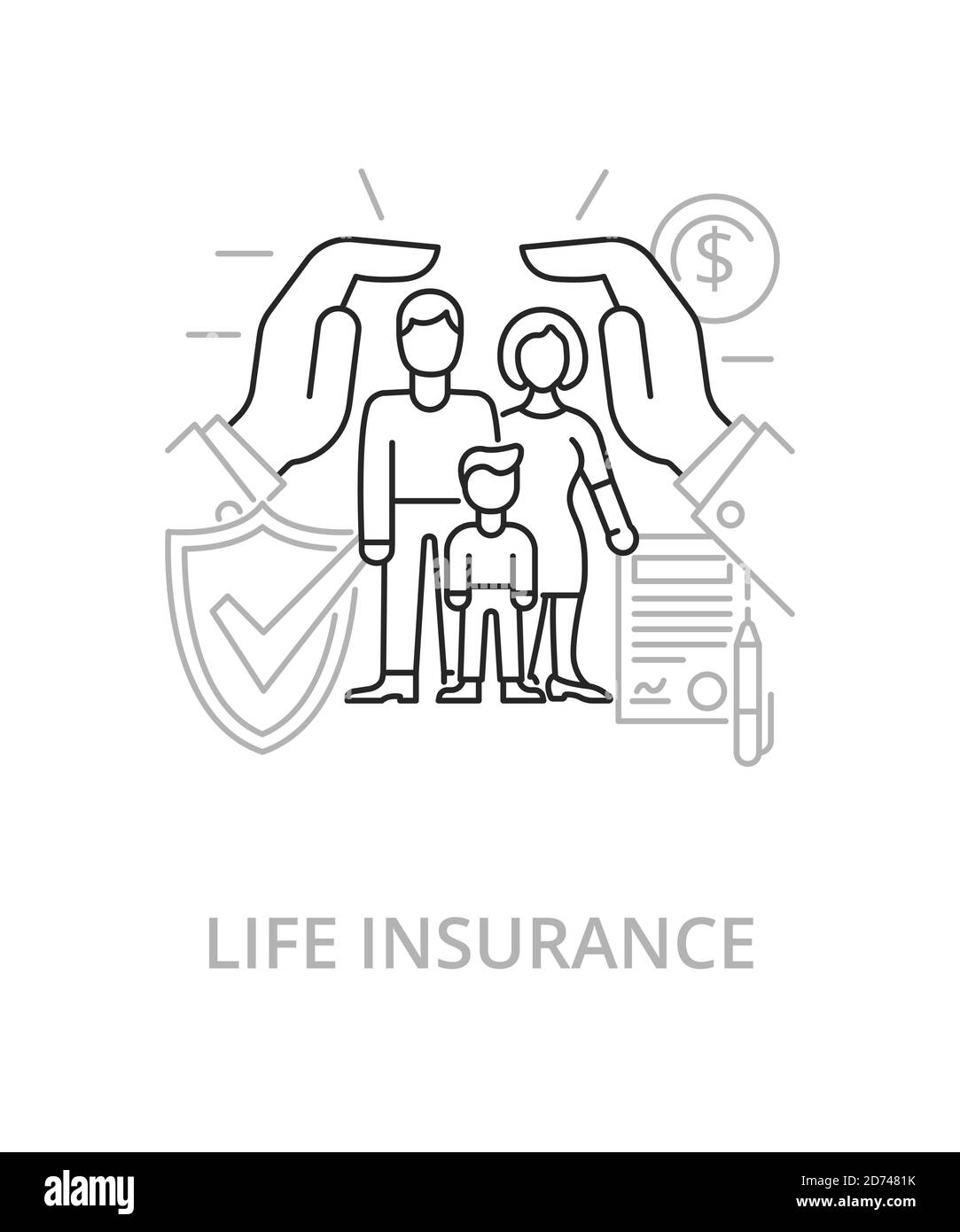 Assicurazione sulla vita illustrazione in linea piatta in stile di tendenza. Icona e concetto vettoriale complesso Illustrazione Vettoriale