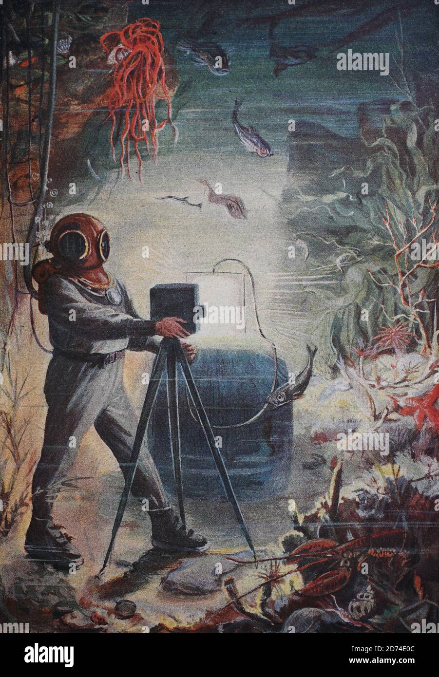 Fotografo subacqueo, fotografia subacquea / Unterwasserfotograf, unterseeische Fotografie, Historisch, storico, digitale riproduzione migliorata di un originale del 19 ° secolo / digitale Reproduktion einer Originalvollage aus dem 19. Jahrhundert Foto Stock