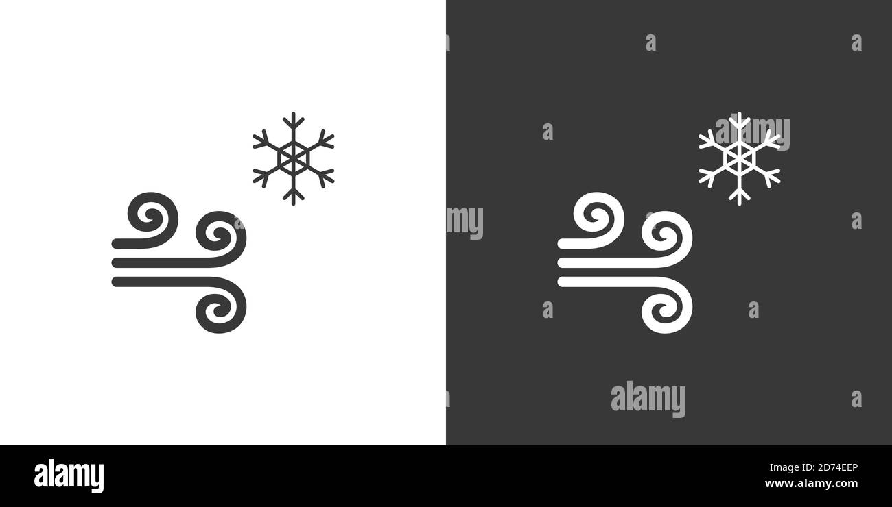 Vento e neve. Icona isolata su sfondo bianco e nero. Illustrazione del vettore glifo meteo Illustrazione Vettoriale