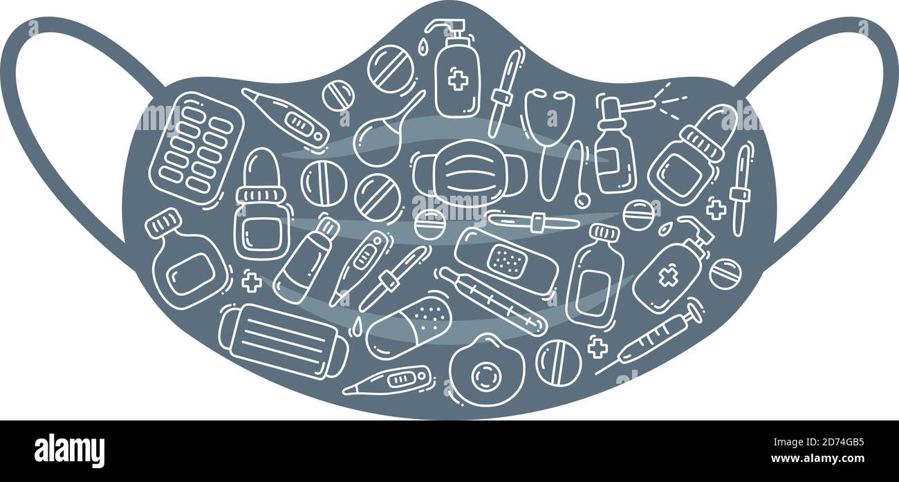 Protezione medica maschera facciale testo vettoriale, maschera respiratoria, maschera facciale di sicurezza, maschera respiratoria dell'ospedale, virus, icona sfondo illustrazione Illustrazione Vettoriale