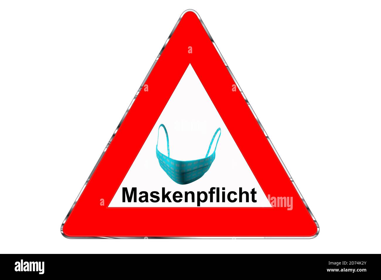 Warndreieck mit FFP2 Maske und Hinweis Maskenpflicht isoliert auf weißem Hintergrund Foto Stock