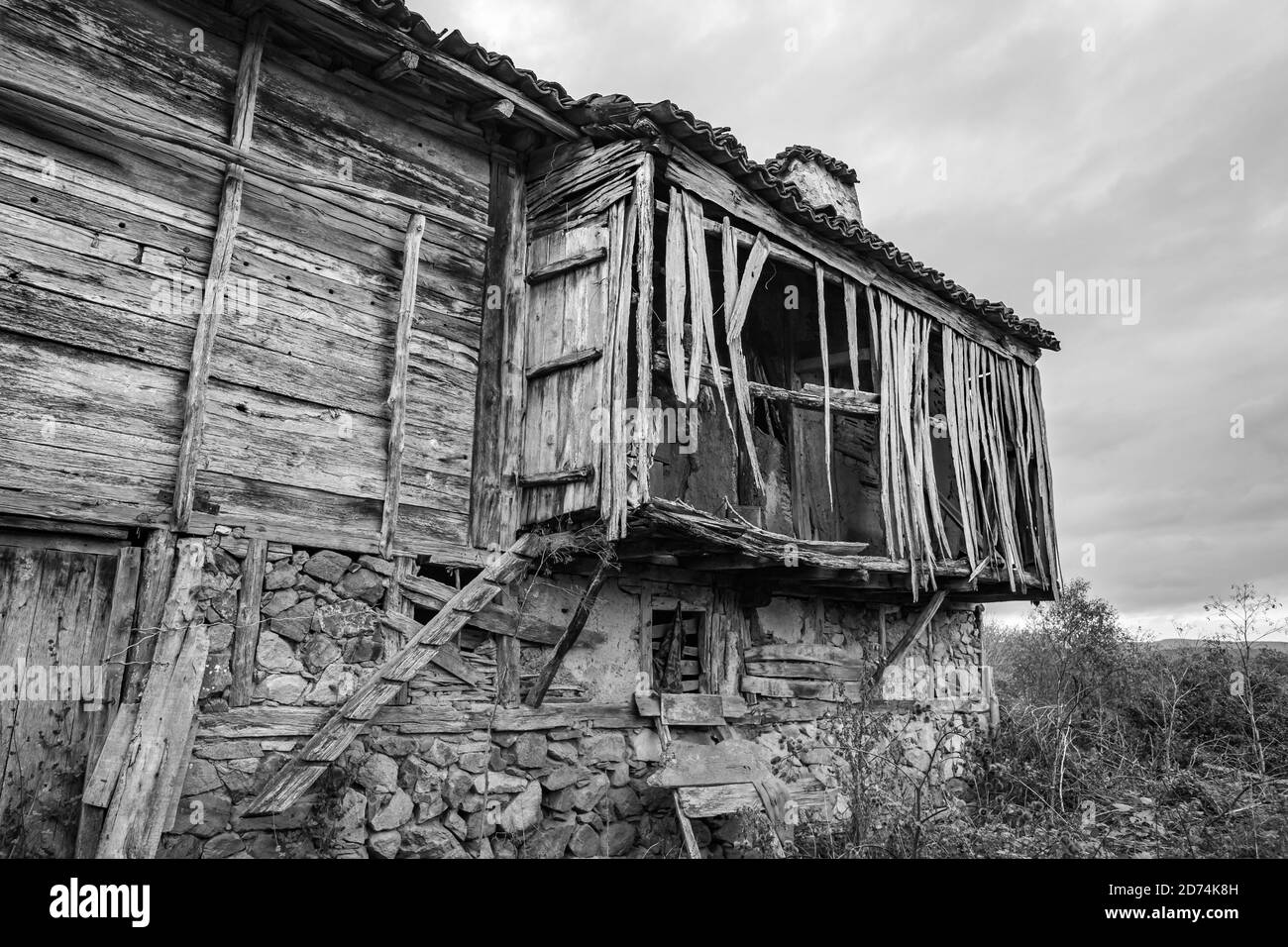 Fotografia di viaggio in bianco e nero, vista parziale della vecchia casa abbandonata, paesaggio rurale, montagna Strandzha, Bulgaria, tavole di legno facciata. Foto Stock