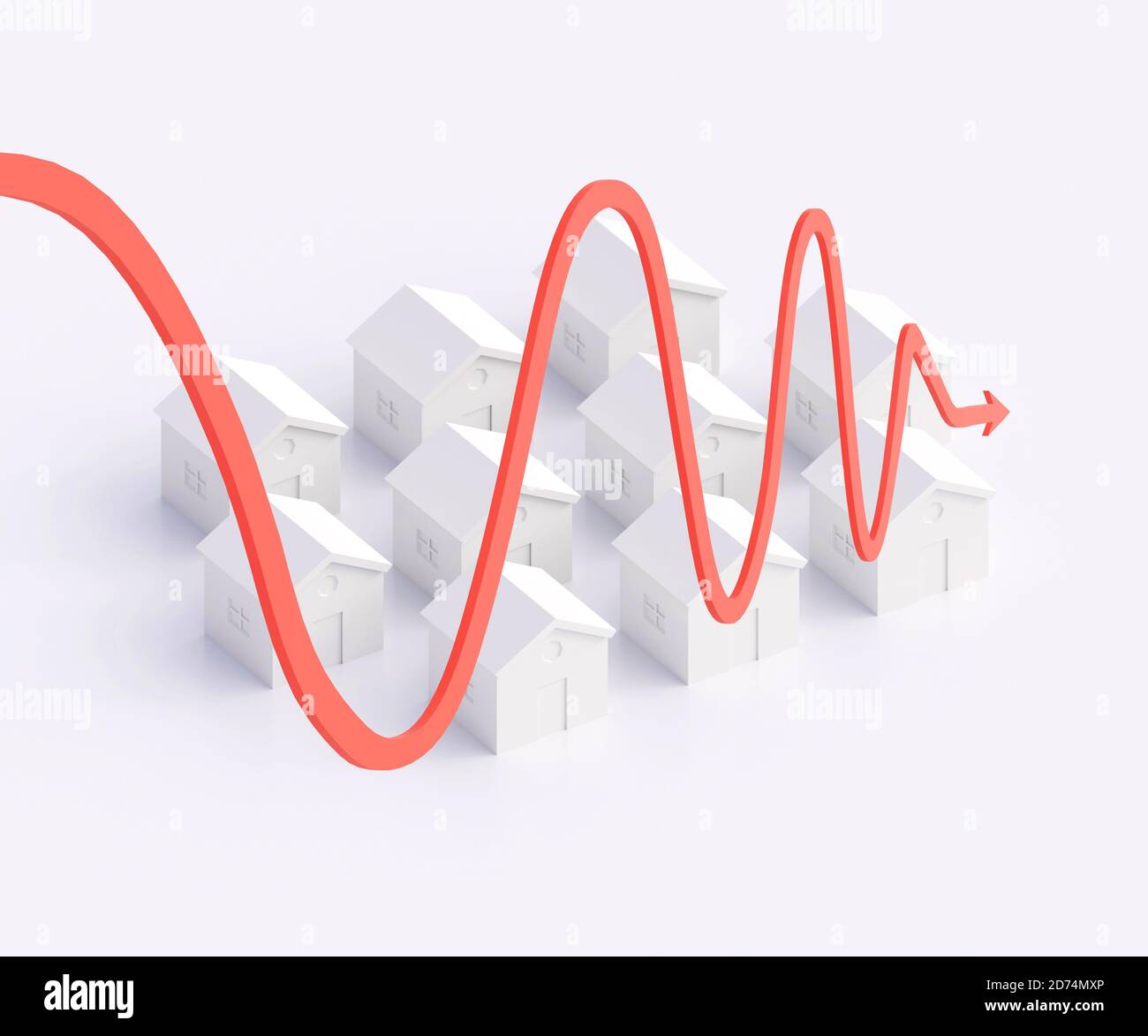 Piccole case bianche e statistiche curve freccia rossa, analisi e previsioni del concetto di mercato immobiliare. illustrazione 3d Foto Stock