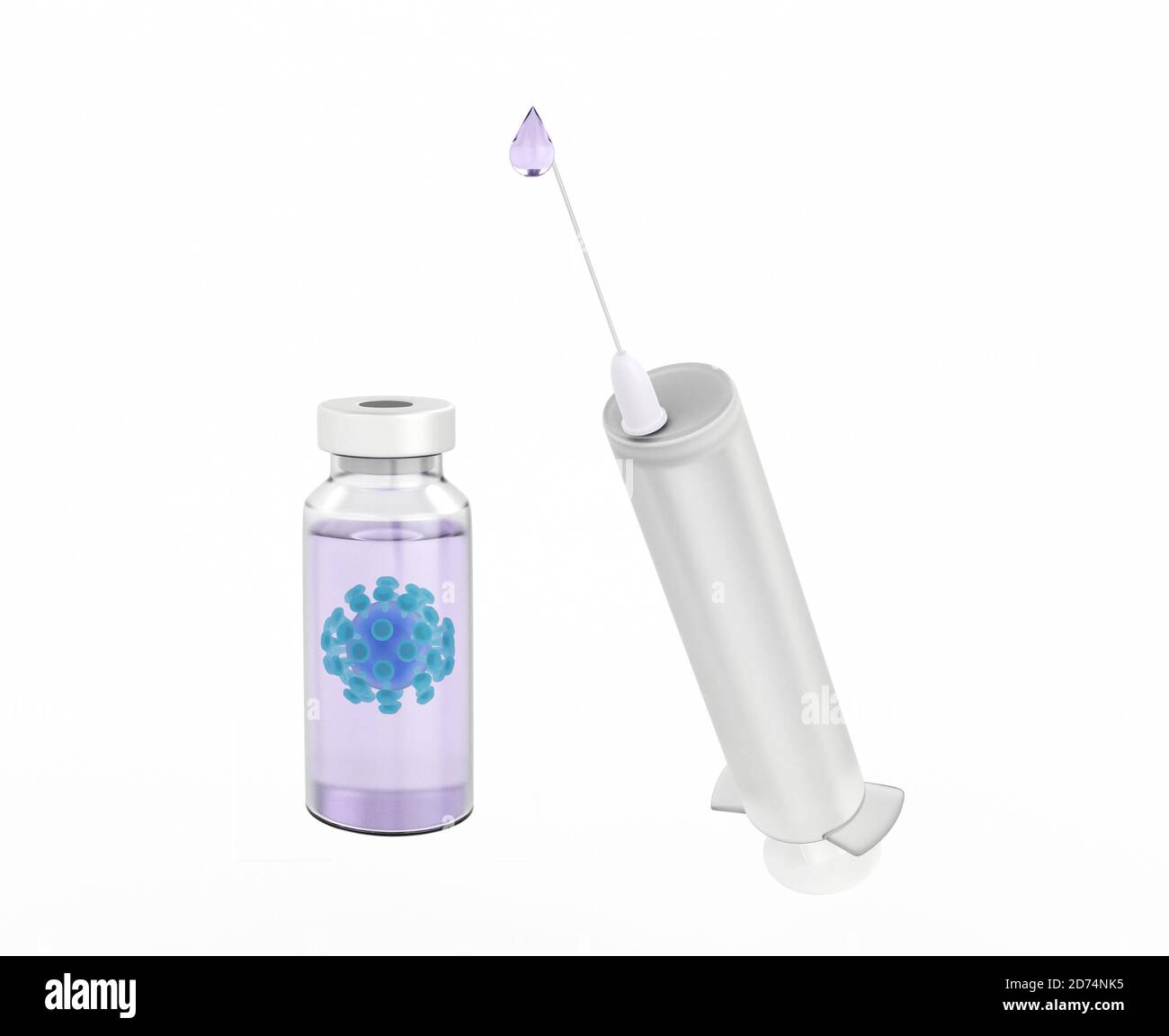 flaconcino con coronavirus e siringa medica di plastica con ago isolato su bianco, concetto di vaccinazione, iniezione. rendering 3d Foto Stock