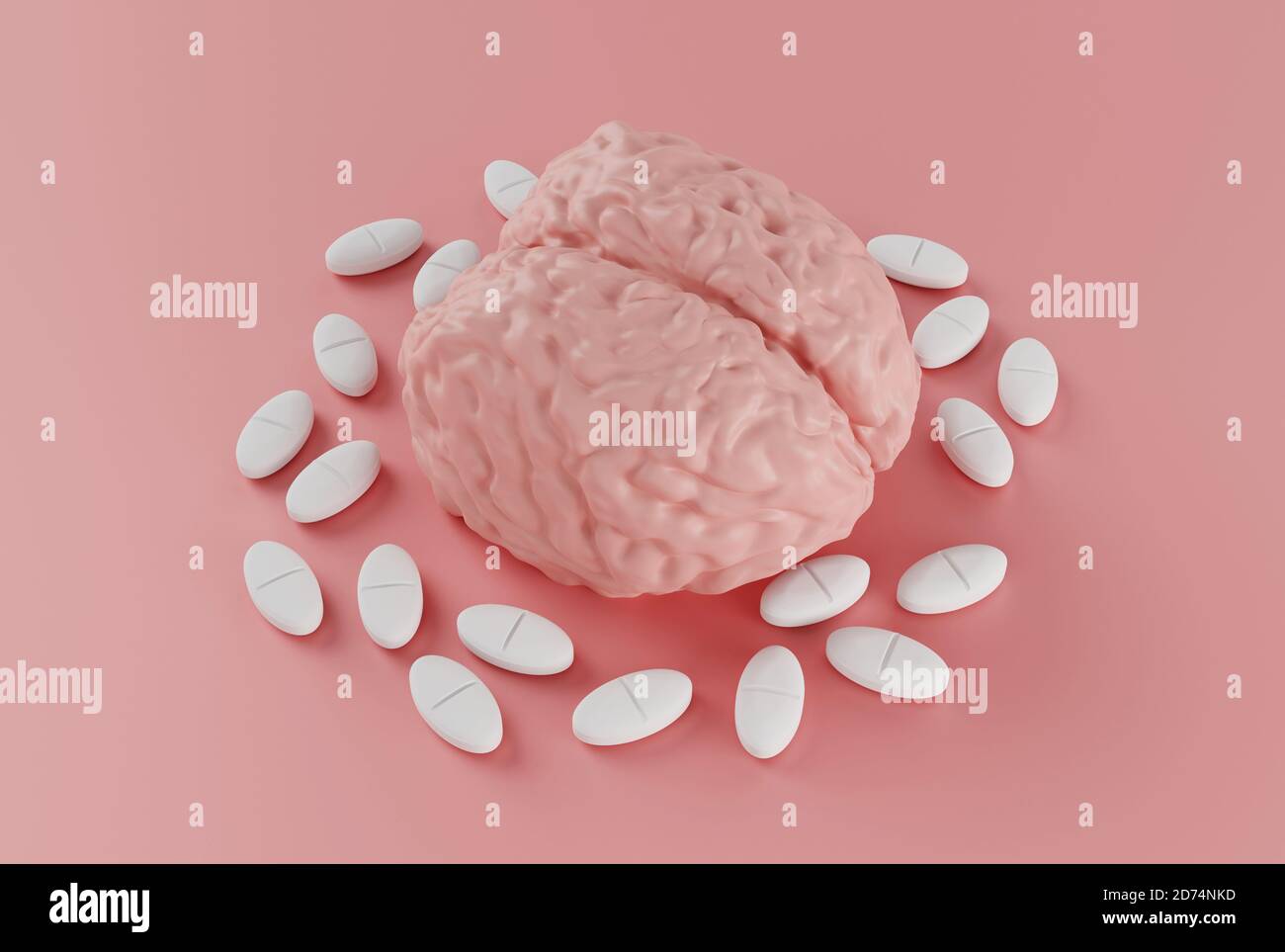 cervello umano circondato da pillole su sfondo rosa, nootropico per il cervello o pillola di mal di testa, una droga per migliorare l'attività cerebrale, pillola dipendenza, 3d Foto Stock