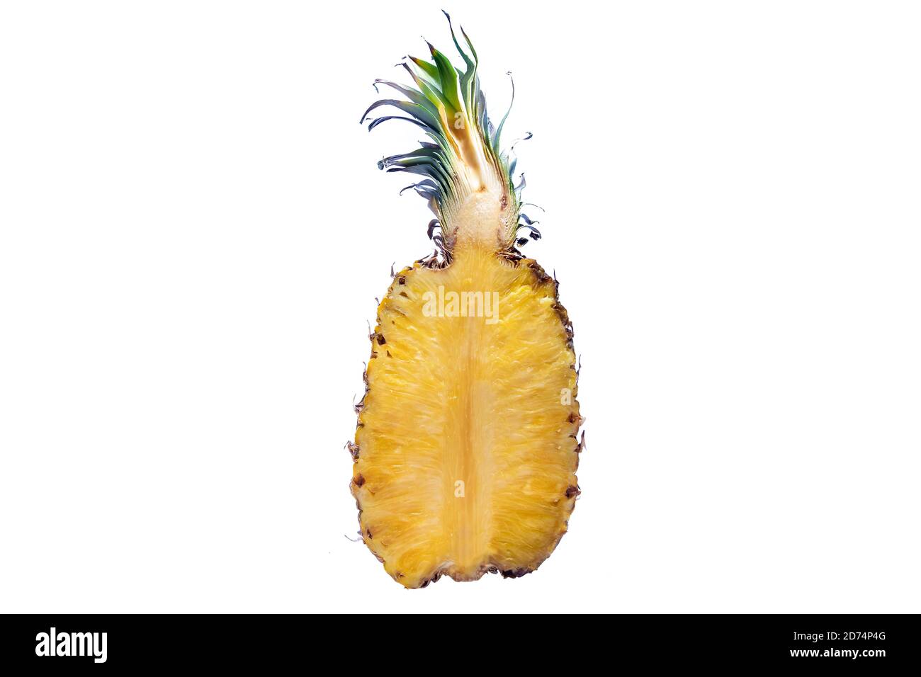 Un taglio di ananas a metà isolato su sfondo bianco. Il (ananas comosus) è una pianta tropicale con un frutto commestibile e il più economicamente significo Foto Stock