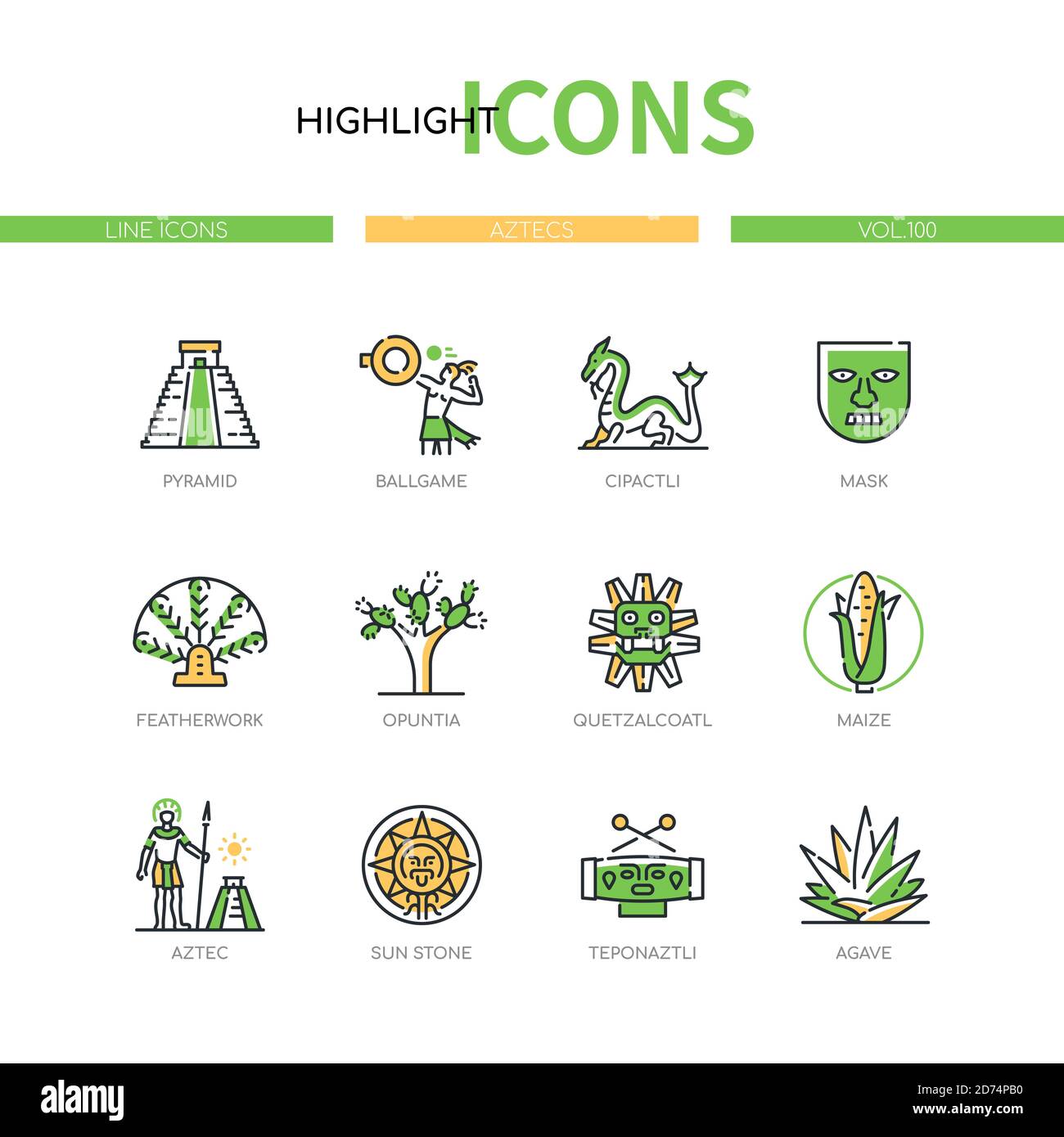 Aztec Civilization - Set di icone di stile moderno. Cultura, arte e artigianato, segni e simboli religiosi, idea di storia. Piramide, gioco di baseball, quetza Illustrazione Vettoriale