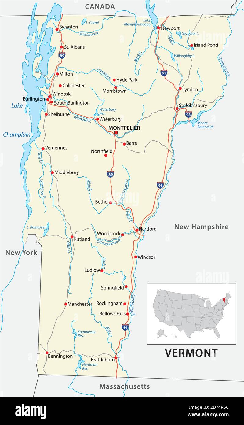 Mappa stradale dello stato americano del vermont Illustrazione Vettoriale