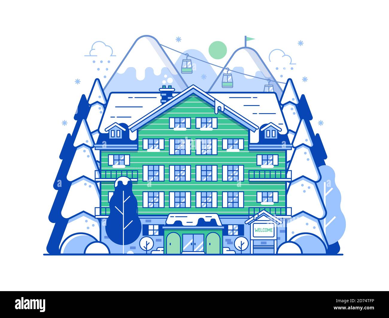 Mountain Ski Resort Concept Scene in Line Art Illustrazione Vettoriale