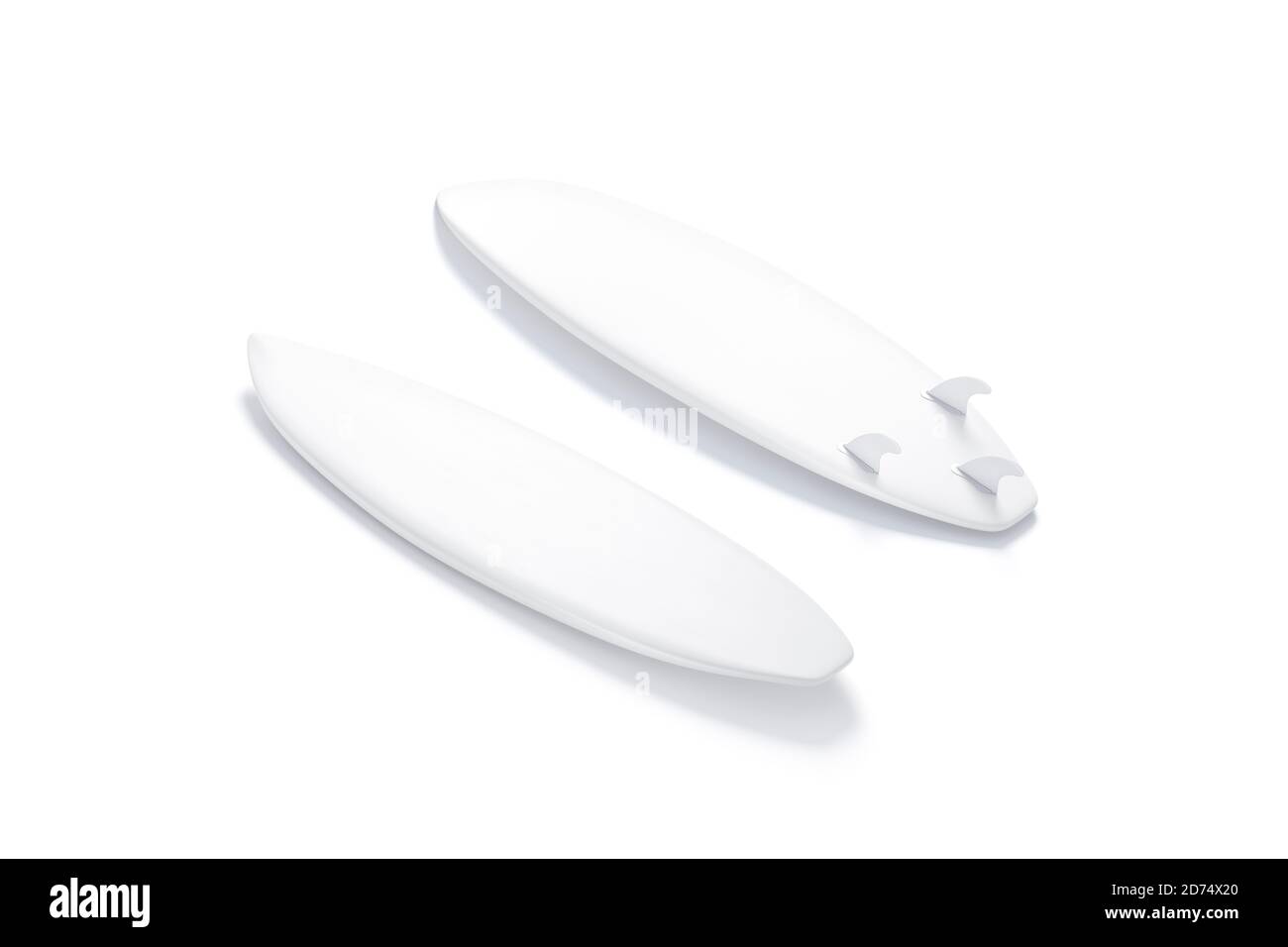 Surfboarf bianco in legno con pinne mockup, fronte e retro Foto Stock