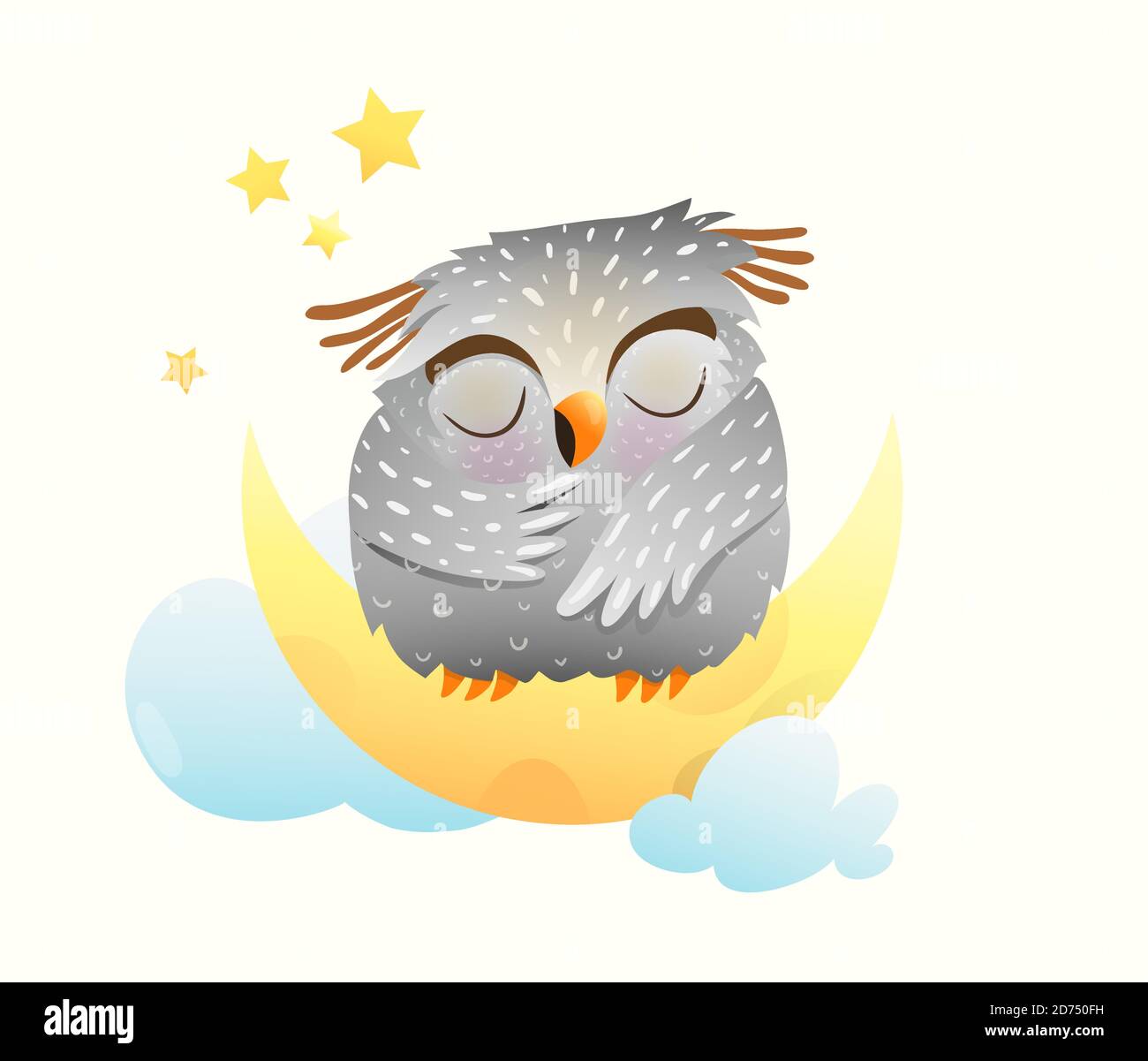 Bambino animale gufo dormire di notte seduta sulla luna con stelle nel cielo. Cute clipart per i bambini neonati. Illustrazione Vettoriale