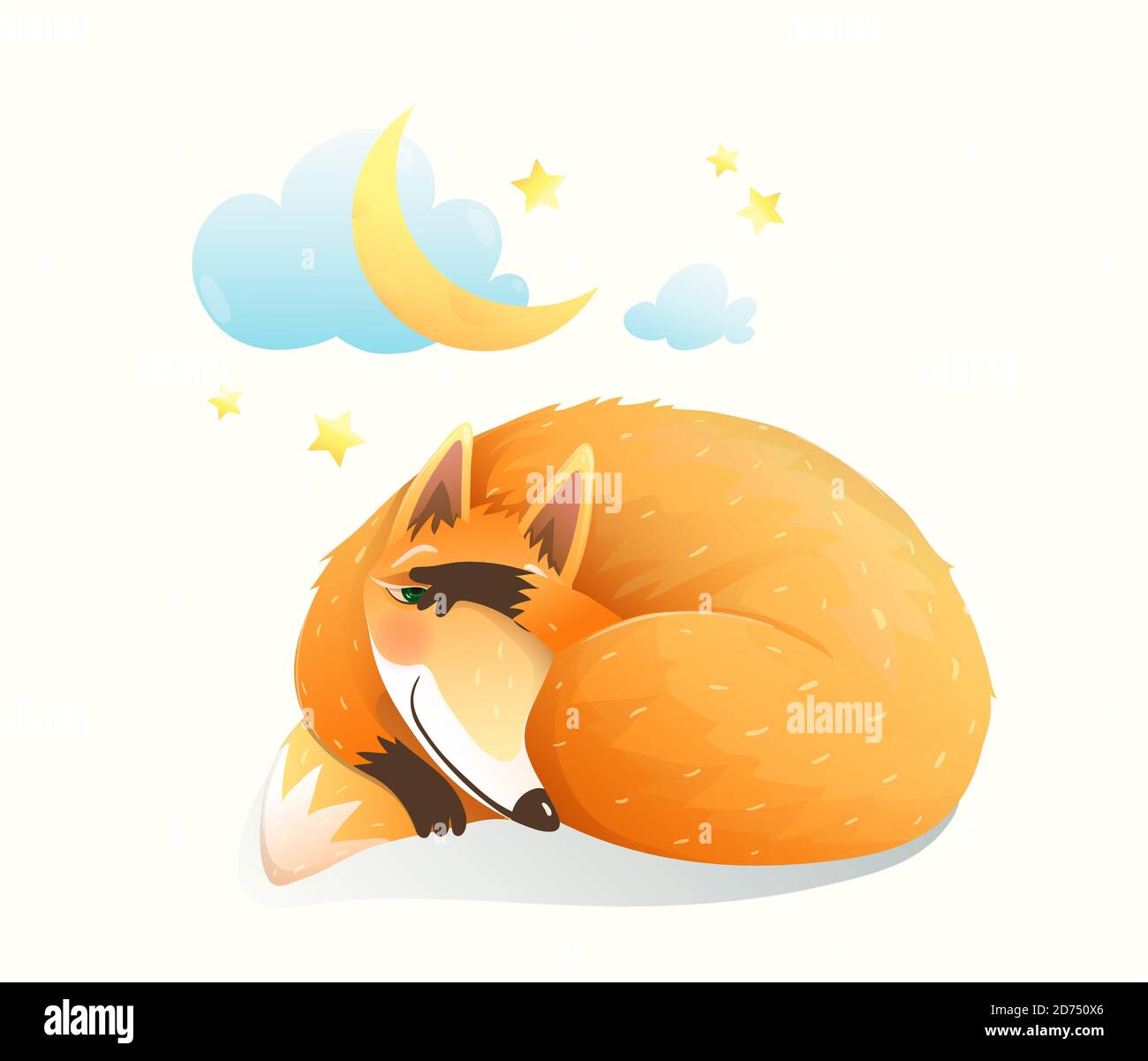 Baby animale volpe dormire di notte sotto le stelle e la luna. Cute clipart per i bambini neonati. Illustrazione Vettoriale