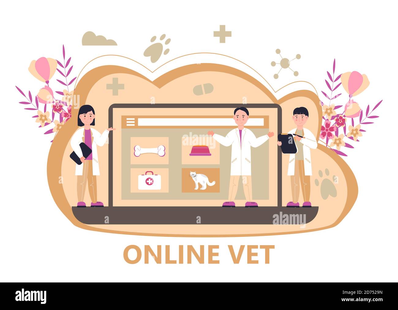 Vettore concettuale veterinario. Medici animali che diagnosticano malattie. Assistenza sanitaria per il sito web. Medico veterinario malattia di trattamento animali. Illustrazione Vettoriale