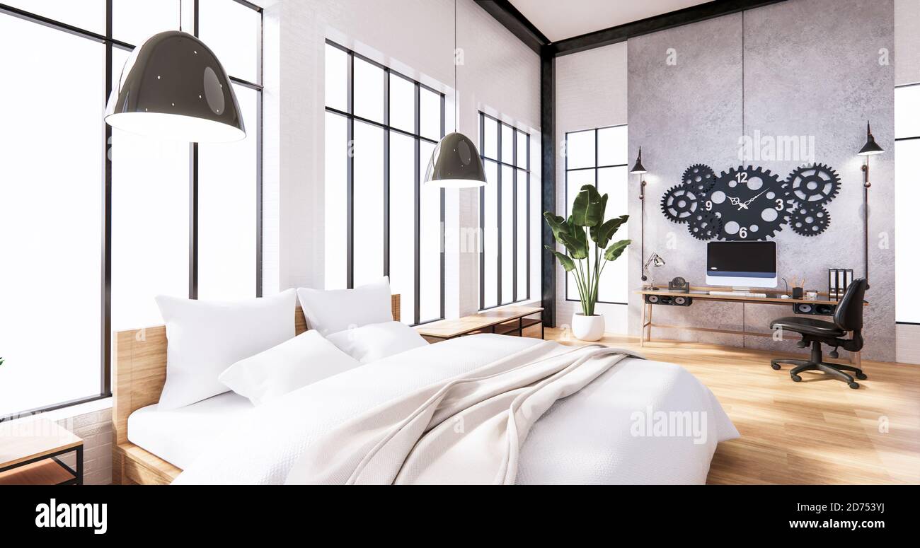 Interni in stile loft, computer, utensili da ufficio su scrivania, divano. Rendering 3D Foto Stock