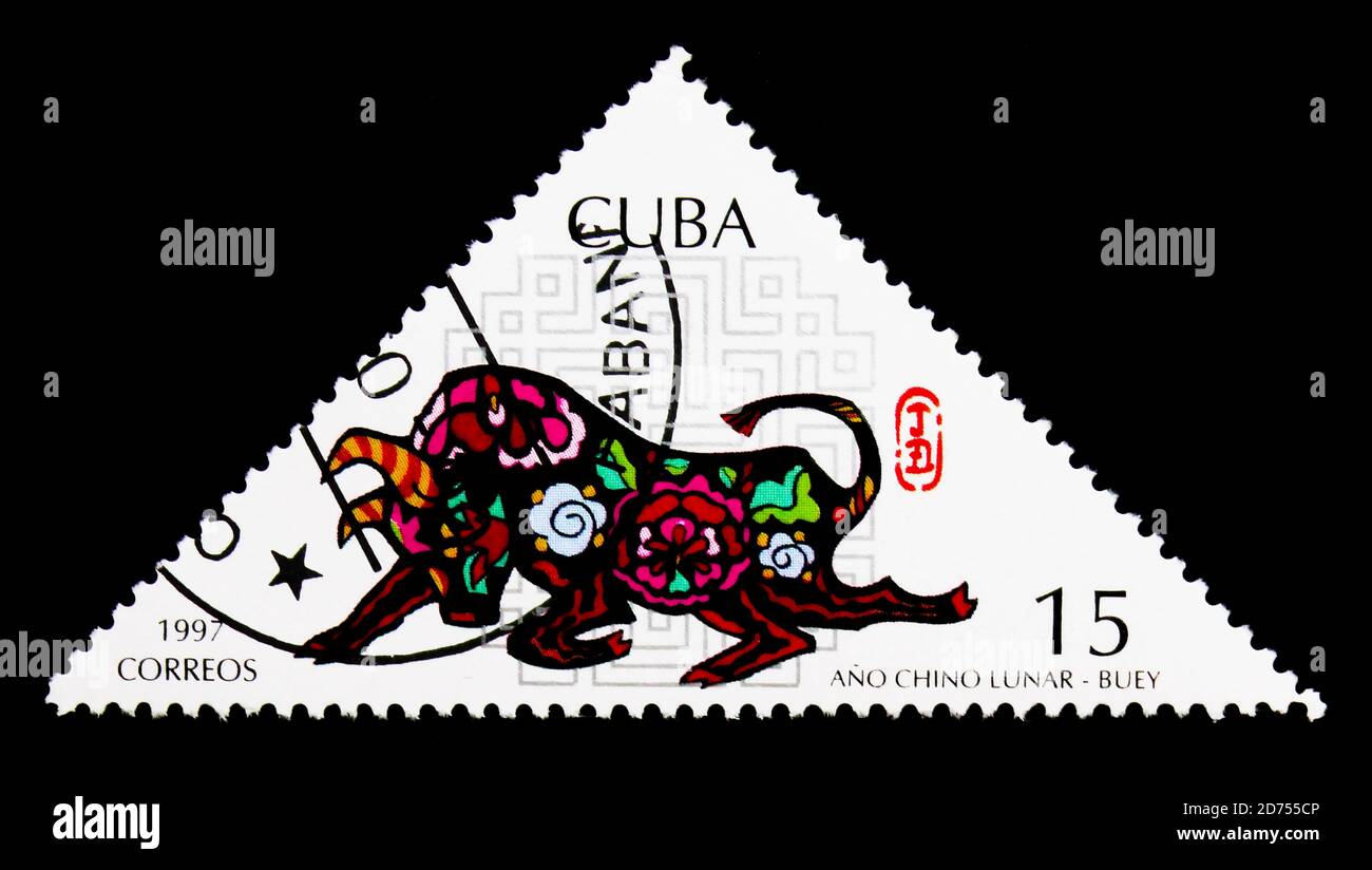 MOSCA, RUSSIA - 25 NOVEMBRE 2017: Un francobollo stampato a Cuba mostra l'anno dell'Ox, serie cinese di Capodanno, circa 1997 Foto Stock