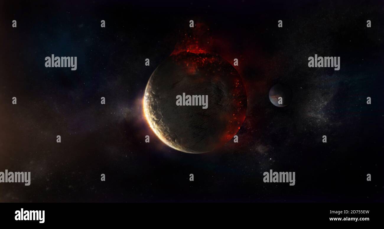 Illustrazione in 3D dell'attività vulcanica su un pianeta di grandi dimensioni nello spazio profondo. Storia realistica di fantascienza esplorativa spaziale Foto Stock