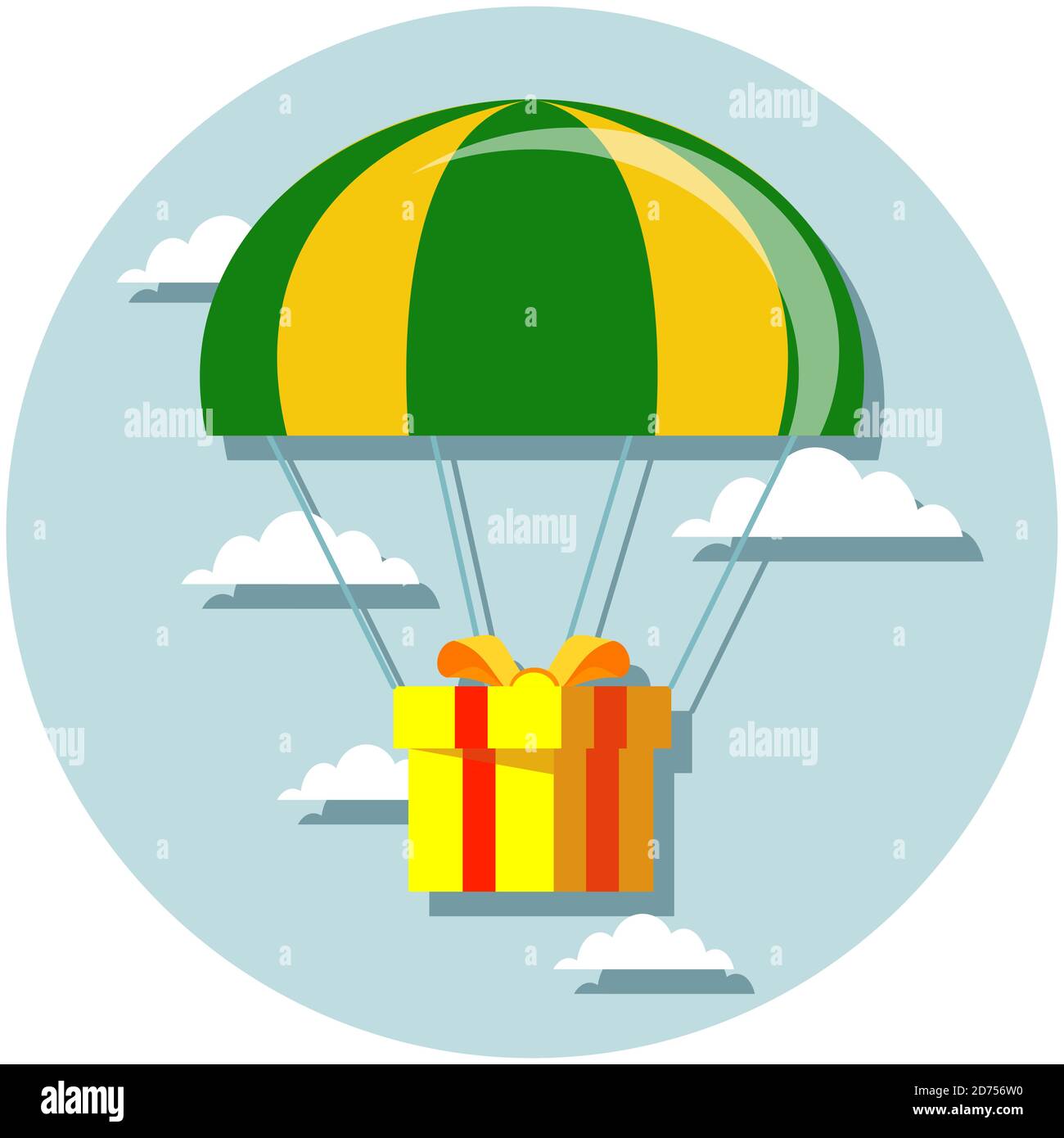 Design piatto. Illustrazione Vettoriale. Servizio di consegna a domicilio. Parachute con pacco dono del cielo. Illustrazione Vettoriale