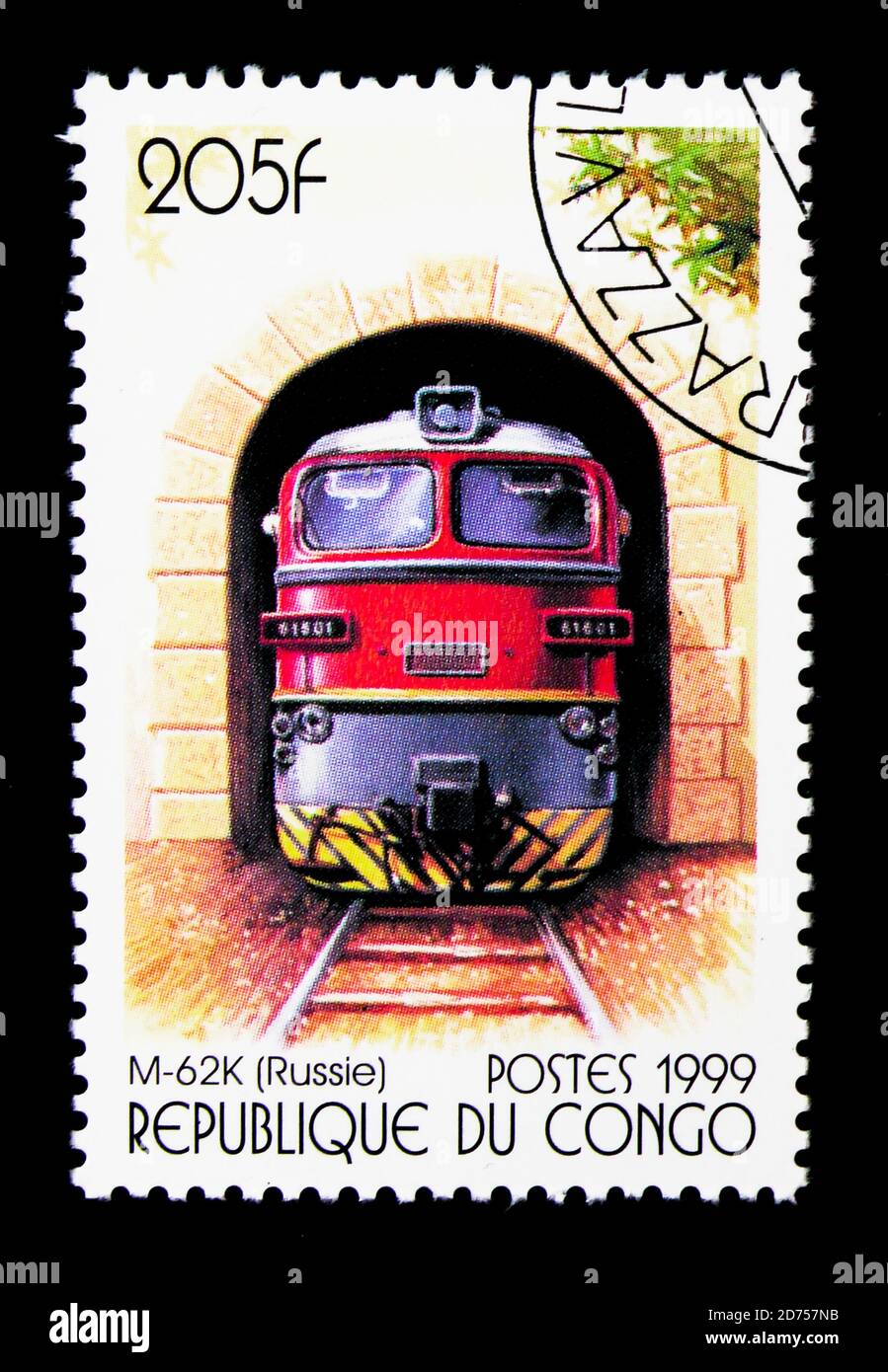 MOSCA, RUSSIA - 25 NOVEMBRE 2017: Un francobollo stampato in Congo mostra M-62K (Russia), locomotive elettriche serie, circa 1999 Foto Stock