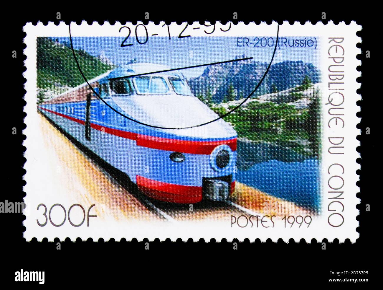 MOSCA, RUSSIA - 25 NOVEMBRE 2017: Un francobollo stampato in Congo mostra ER-200 (Russia), serie di locomotive elettriche, circa 1999 Foto Stock
