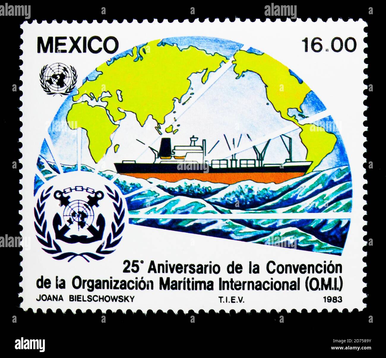 MOSCA, RUSSIA - 25 NOVEMBRE 2017: Un francobollo stampato in Messico mostra 25 ° anniversario della Convenzione della Marittima Internazionale, serie, circa 198 Foto Stock