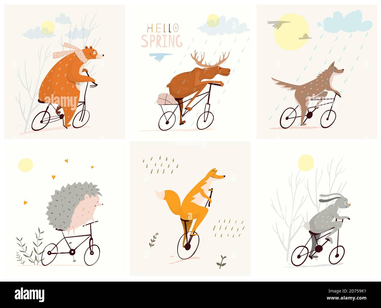 Animali forestali a cavallo biciclette in natura con pioggia, sole ed erba, design per bambini. Illustrazione Vettoriale