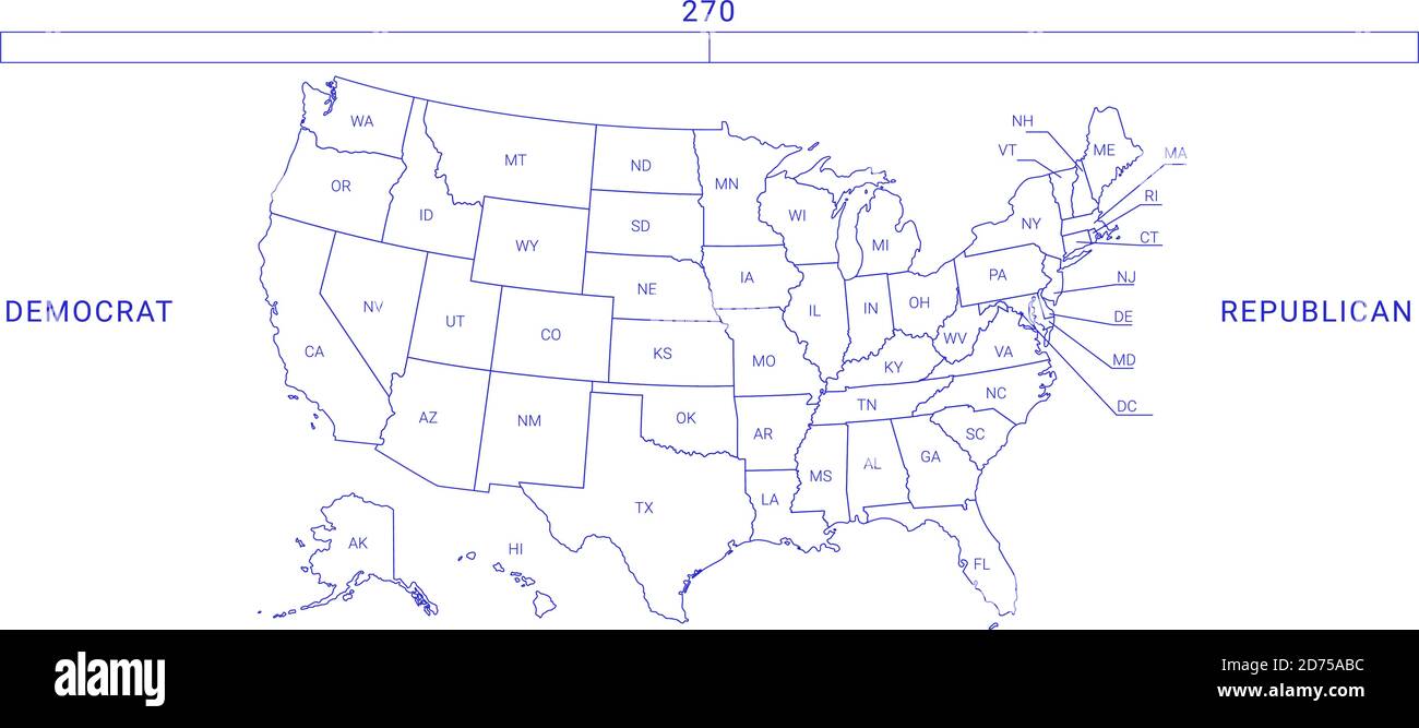Mappa elettorale DEGLI STATI UNITI. Modello infografico dei risultati delle elezioni presidenziali americane. Tutti gli stati sono separati e denominati nel pannello livello. Illustrazione Vettoriale