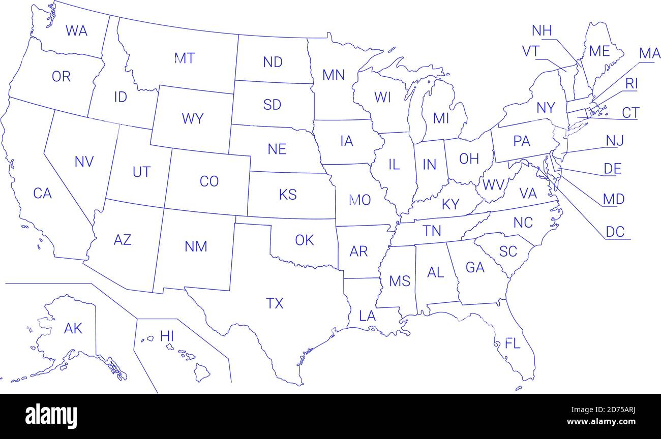 Delineare la mappa politica degli Stati Uniti con i titoli degli stati. Tutte le regioni degli Stati Uniti sono separate e denominate in un pannello di livello Illustrazione Vettoriale